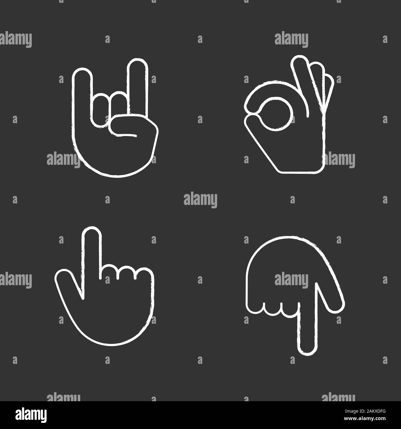 Hand gesture emojis chalk icons set. Rock on, heavy metal, OK, approval gesturing. Backhand index pointing up and down. Turn back finger pointer. Isol Stock Vector