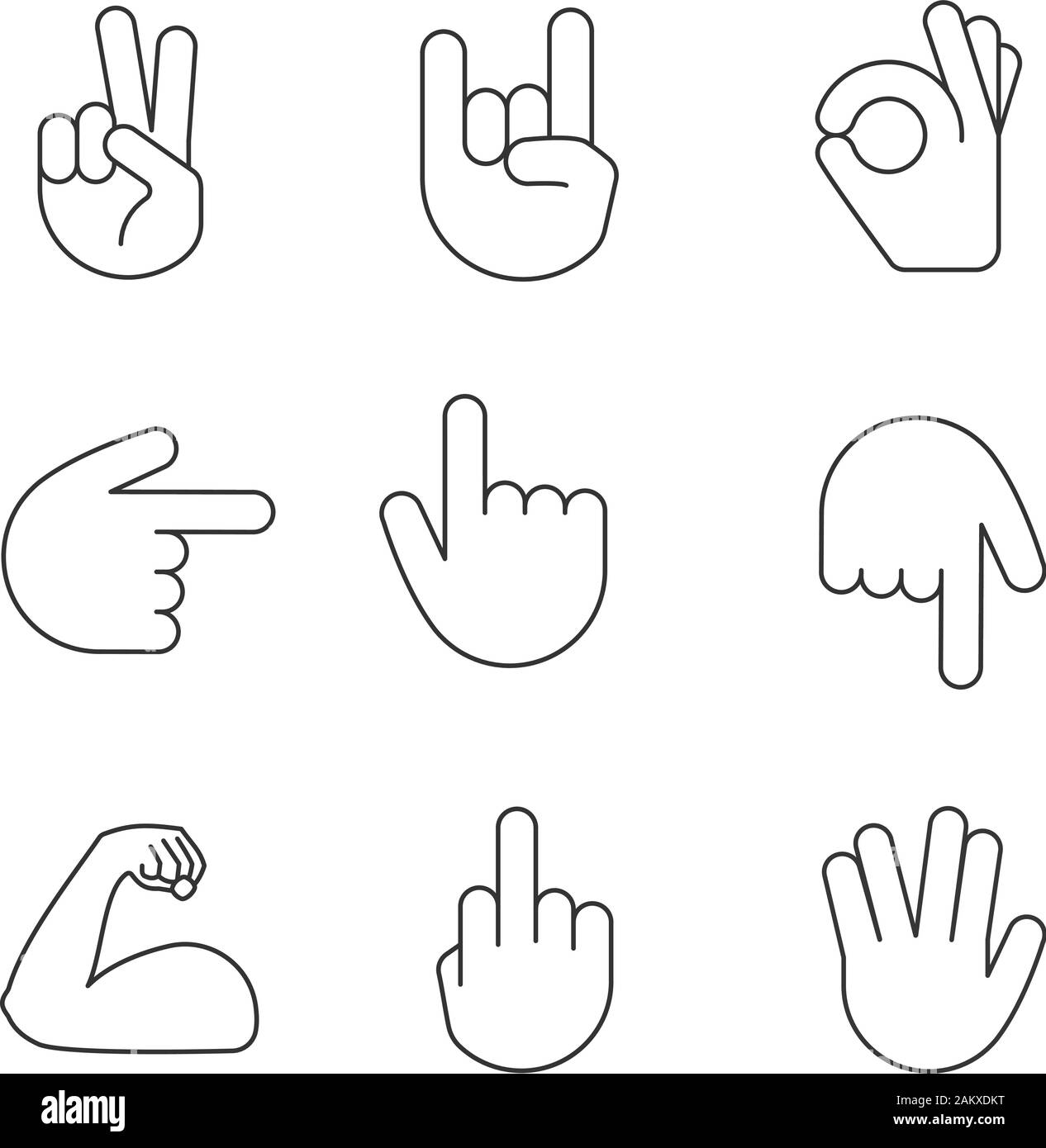 Hand gesture emojis linear icons set. Thin line contour symbols