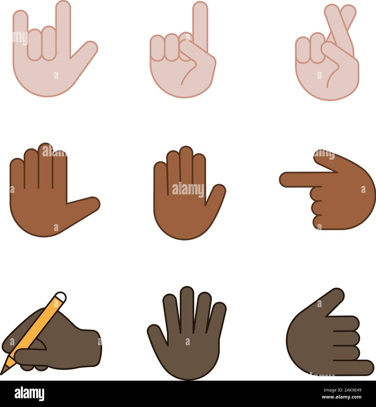 Hand Gesture Emojis Color Icons Set Love You Rock On Backhand Index Pointing Left And Up Luck Lie High Five Counting Five Shaka Gesturing Wri Stock Vector Image Art Alamy