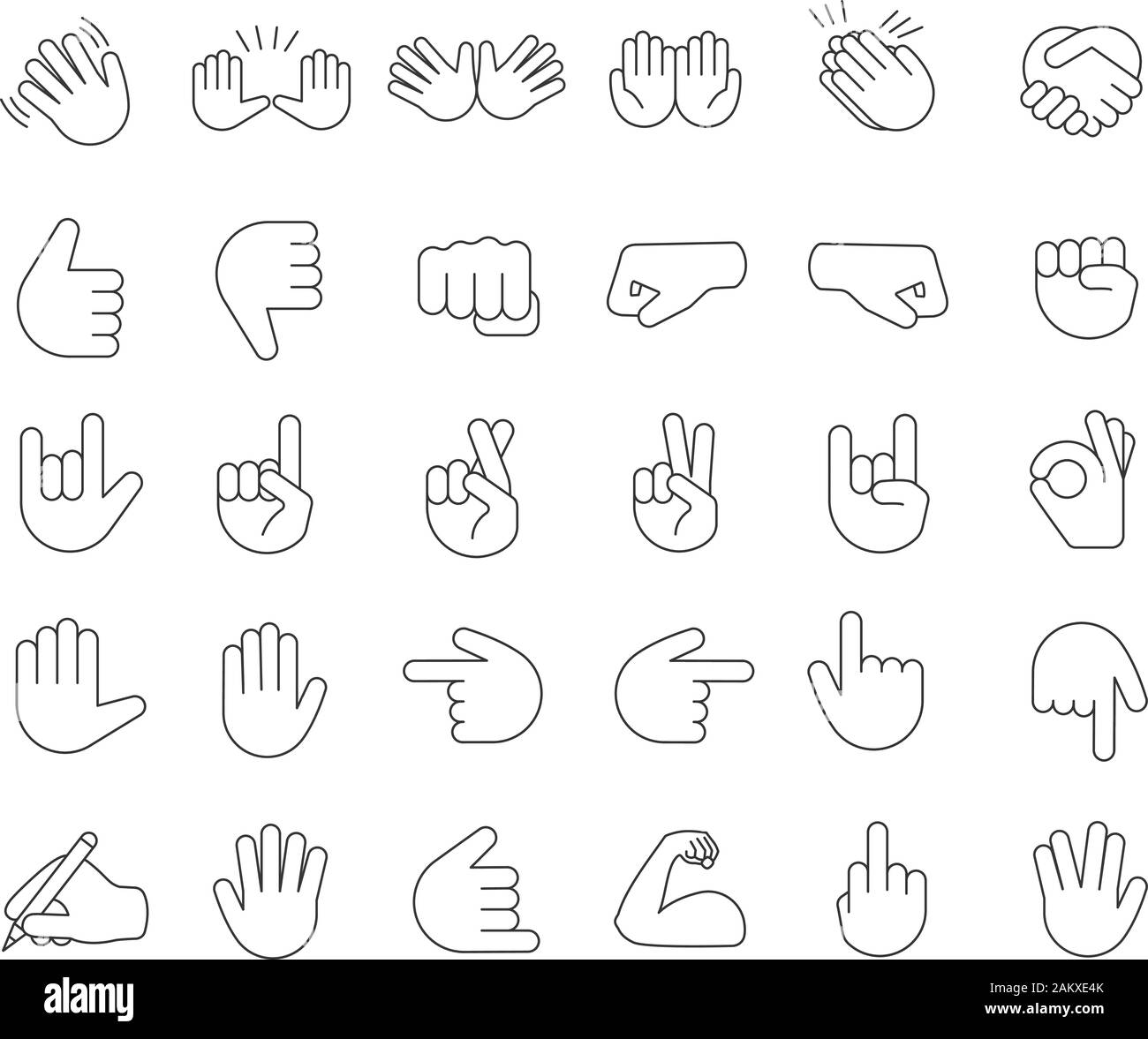Hand gesture emojis linear icons set. Thin line contour symbols. Pointing fingers, fists, palms. Social media, network emoticons. Hand symbols. Isolat Stock Vector