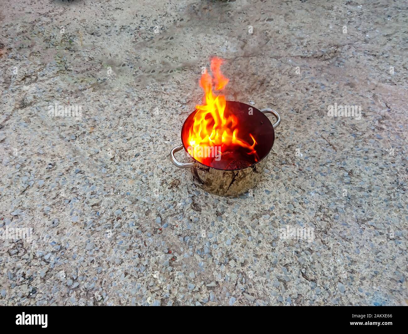 Flames from burning oil on a kitchen stove. Let it burn out in the