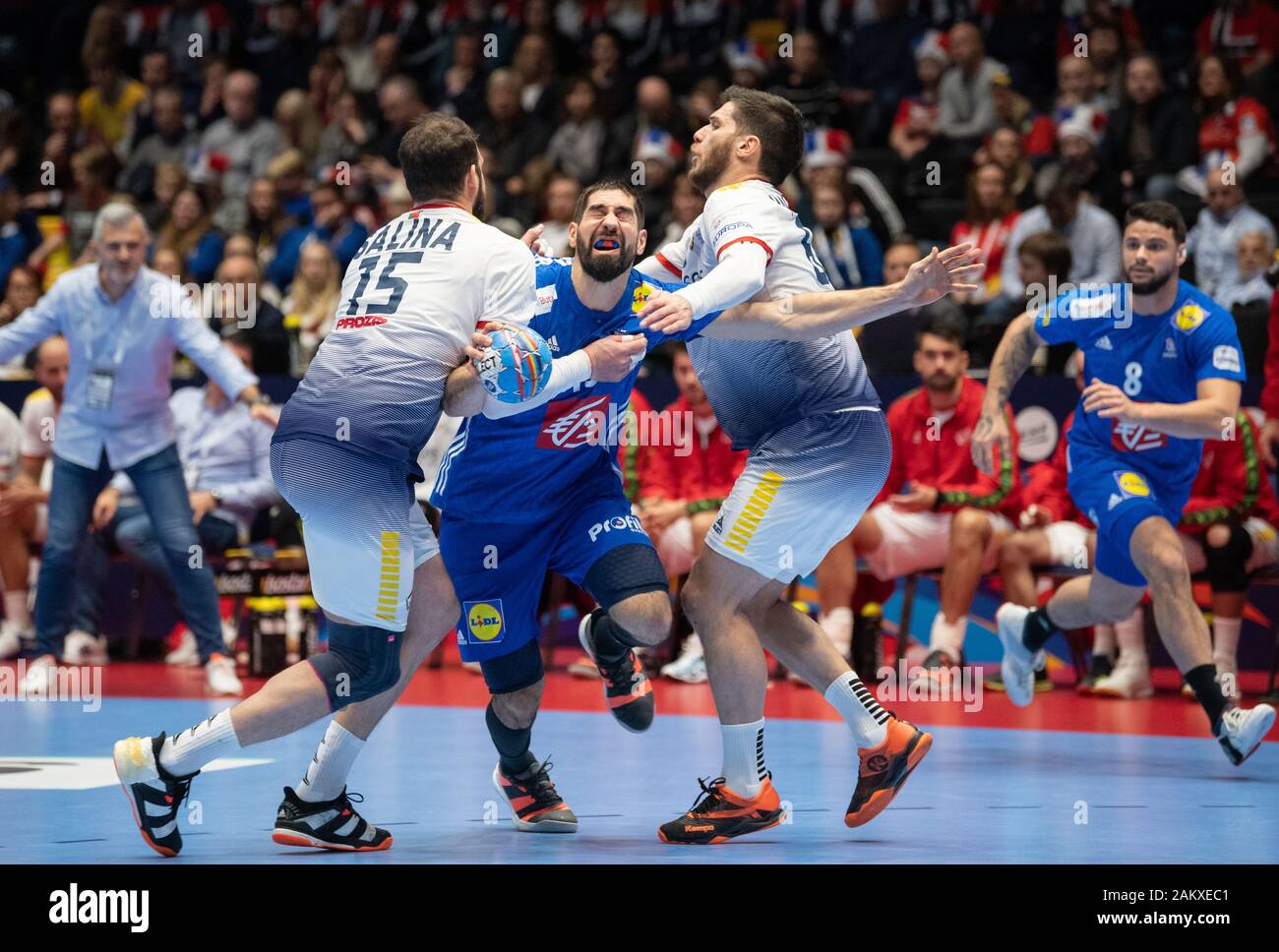 10 January 2020 Norway Trondheim Handball European Championship France Portugal Preliminary Round Group D Matchday 1 Nikola Karabatic M Of France Against Daymaro Salina L And Fabio Magalhaes 3rd From Left