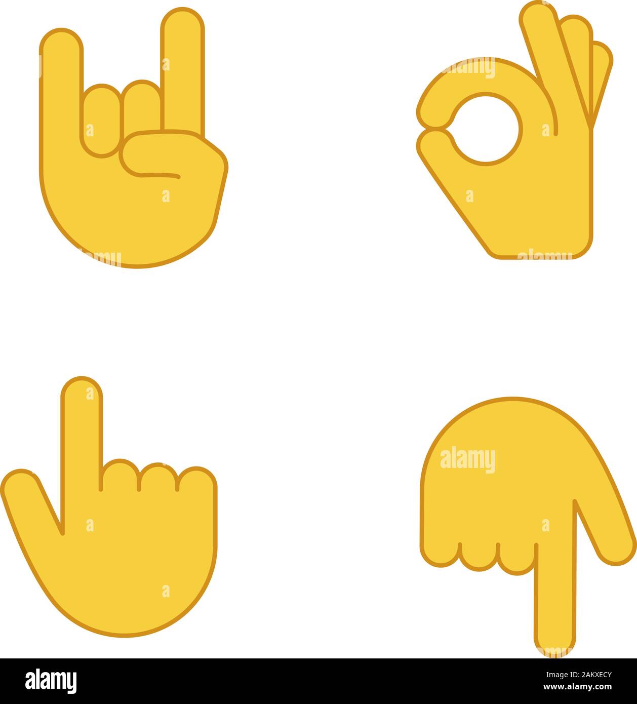 Hand gesture emojis color icons set. Rock on, heavy metal, OK, approval gesturing. Backhand index pointing up and down. Turn back finger pointer. Isol Stock Vector
