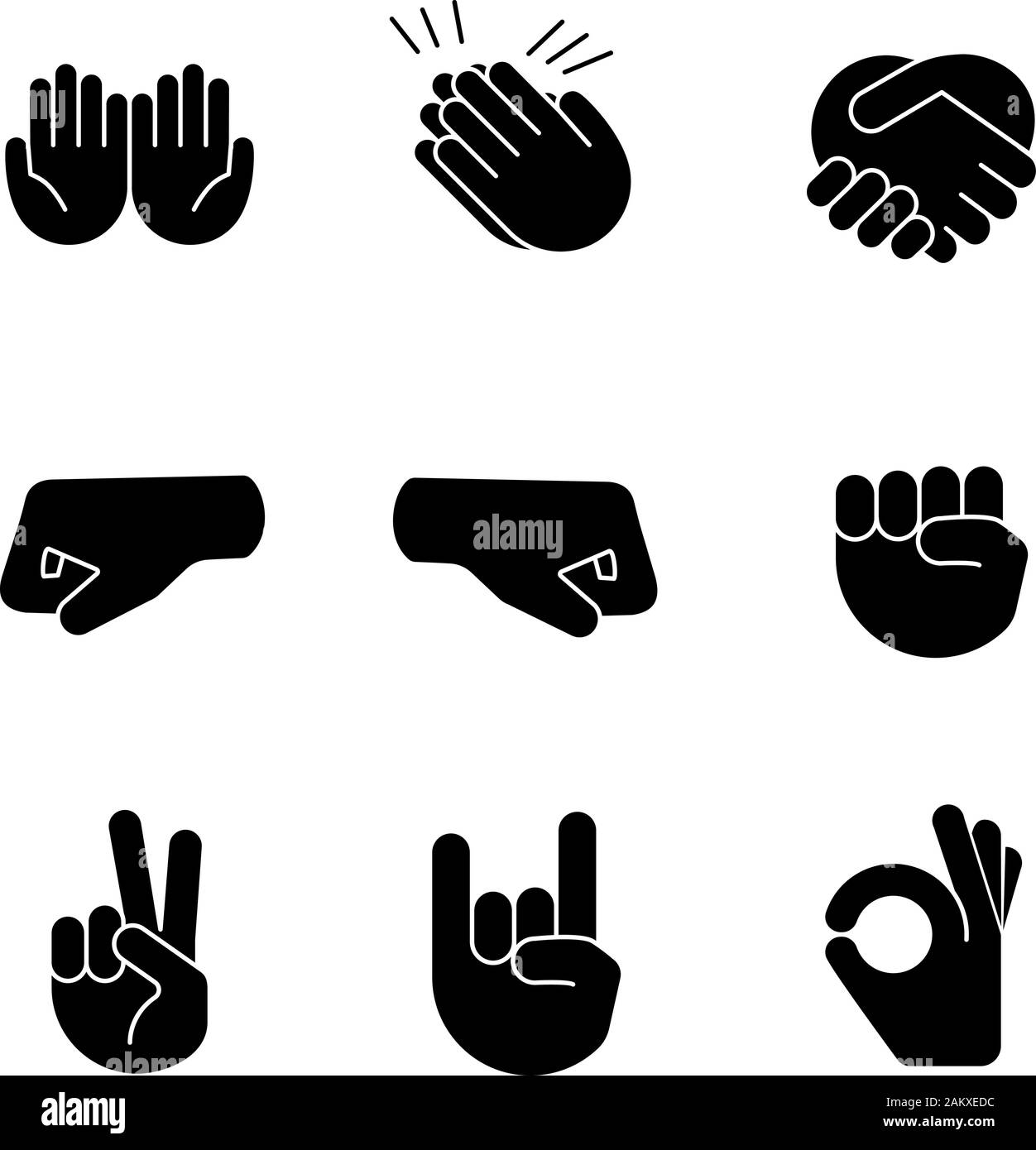 Hand gesture emojis glyph icons set. Begging, applause, handshake, left and right fists, peace, rock on, OK gesturing. Shaking, cupped, clapping hands Stock Vector