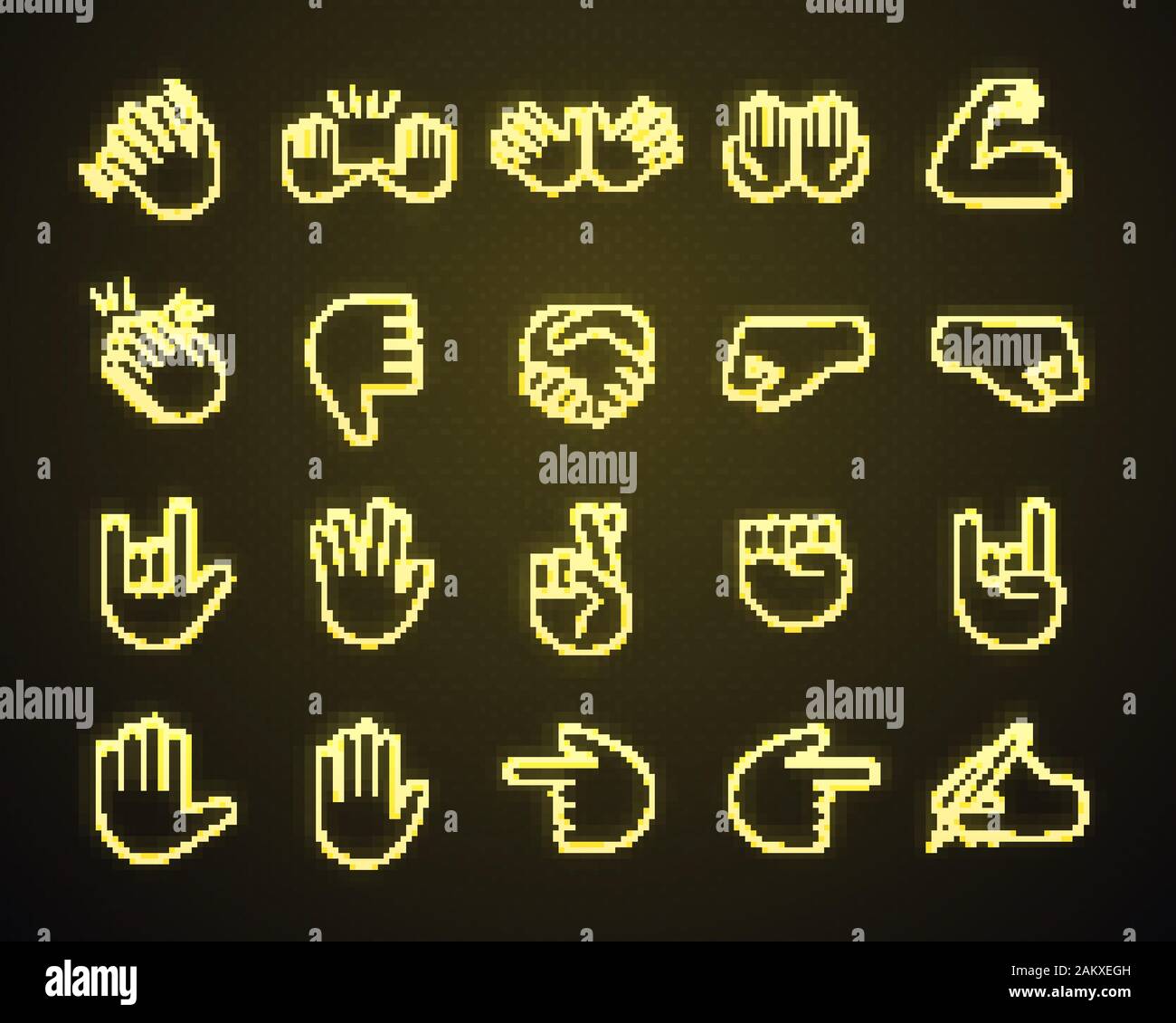 Hand gesture emojis neon light icons set. Pointing fingers, fists, palms. Social media, network emoticons. OK, hello, rock, like gesturing. Hand symbo Stock Vector