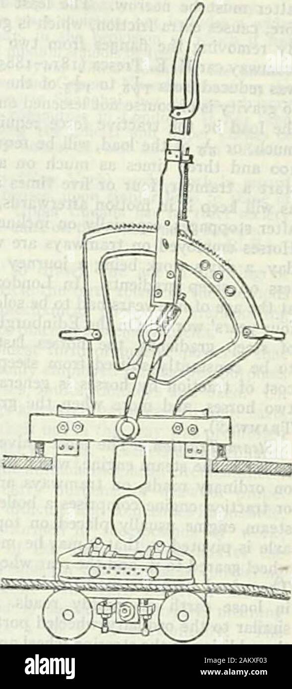 The encyclopædia britannica; a dictionary of arts, sciences, literature and general information . dummy car with the gripper(ng- 5).which grasps the cable. TTie flatarm is in three pieces, the two outer onesconstituting a frame which carries the lowerFlc. 4.—Cross-section ^ of the gnpper. with grooved rollers atof Cable Road f ^° h °^« which the cable runs when ;= ^,^^ K .1 • J ji ? SPP«r =5 not in action. The upper jawLT^f^V^ ^^f^ P, ^^^ ^d&lt;» within the outer frame,on fh?r„n^ depressed by a lever or screw, pressing the cable first?ni?i „? f „ n ^ ? «h&lt;^ lower jaw until it is firmly hel Stock Photo