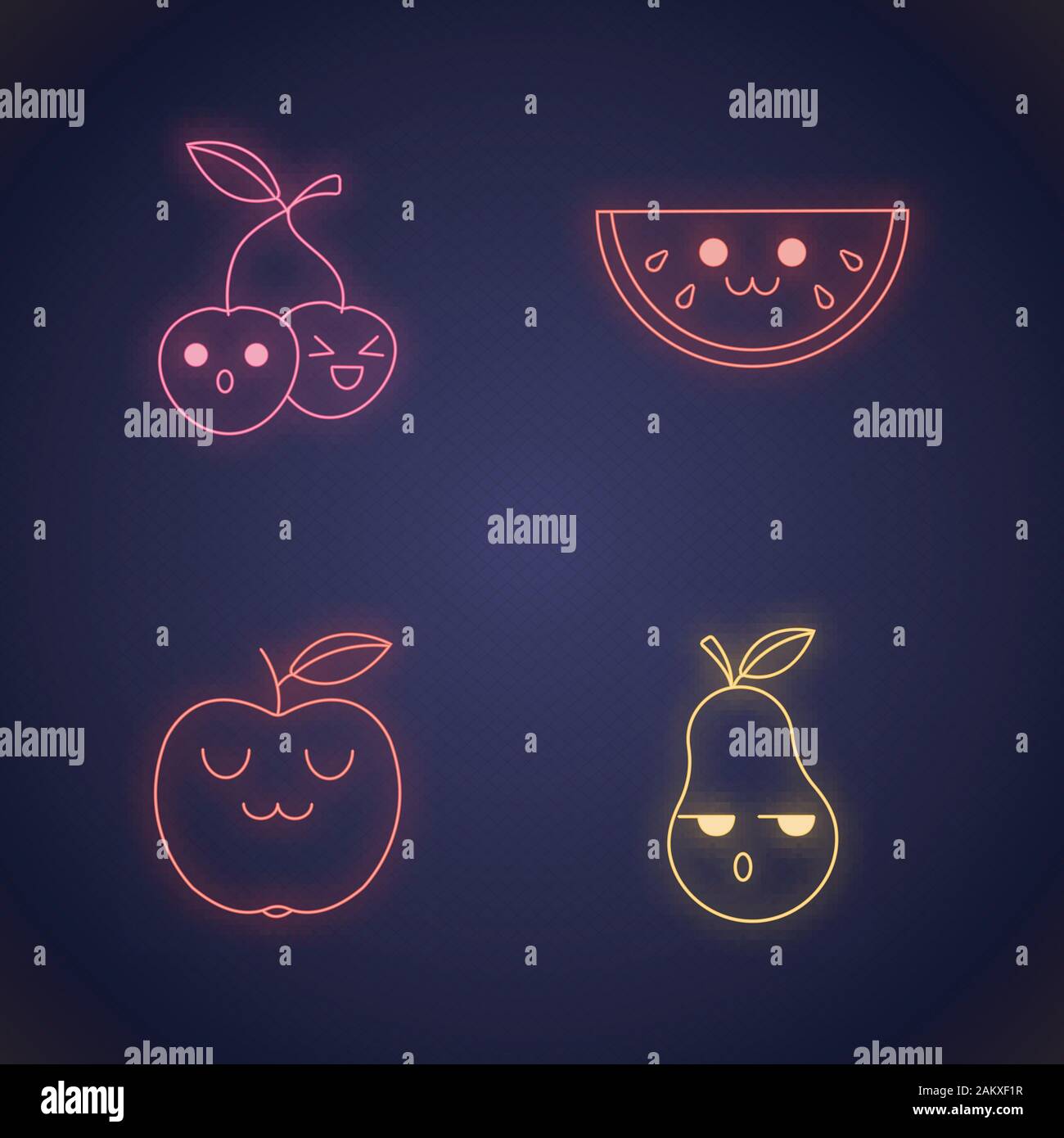 Fruits Cute Kawaii Neon Light Characters Watermelon And Cherry With Smiling Face Happy Apple And Sad Pear Funny Emoji Emoticon Smile Glowing Ico Stock Vector Image Art Alamy
