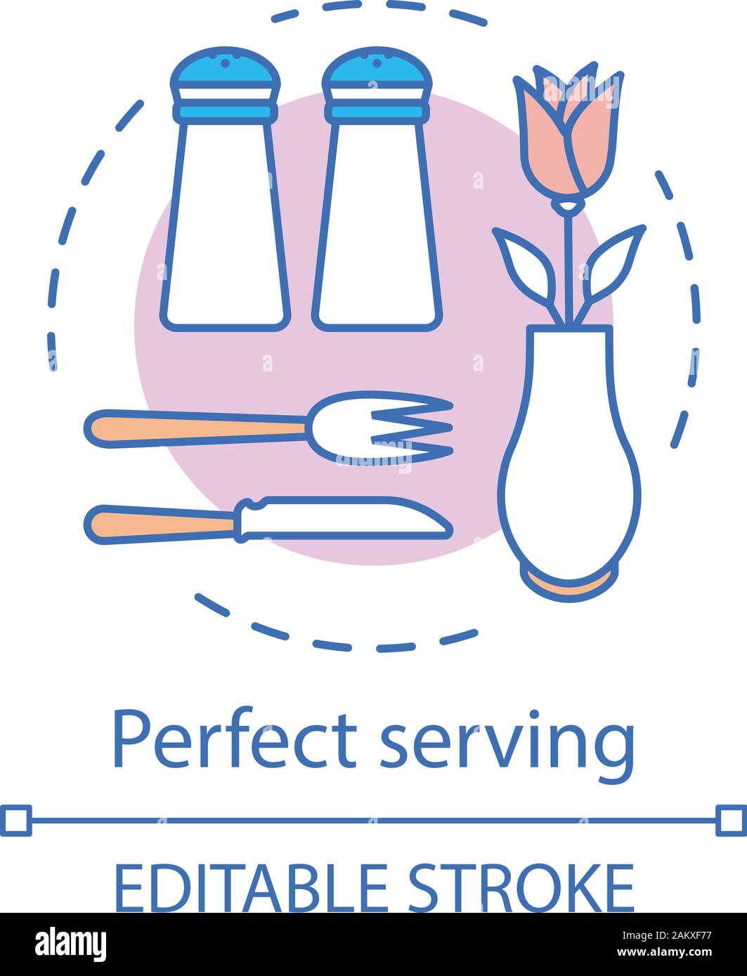 Perfect serving concept icon. Food industry. Cutlery, salt, pepper ...