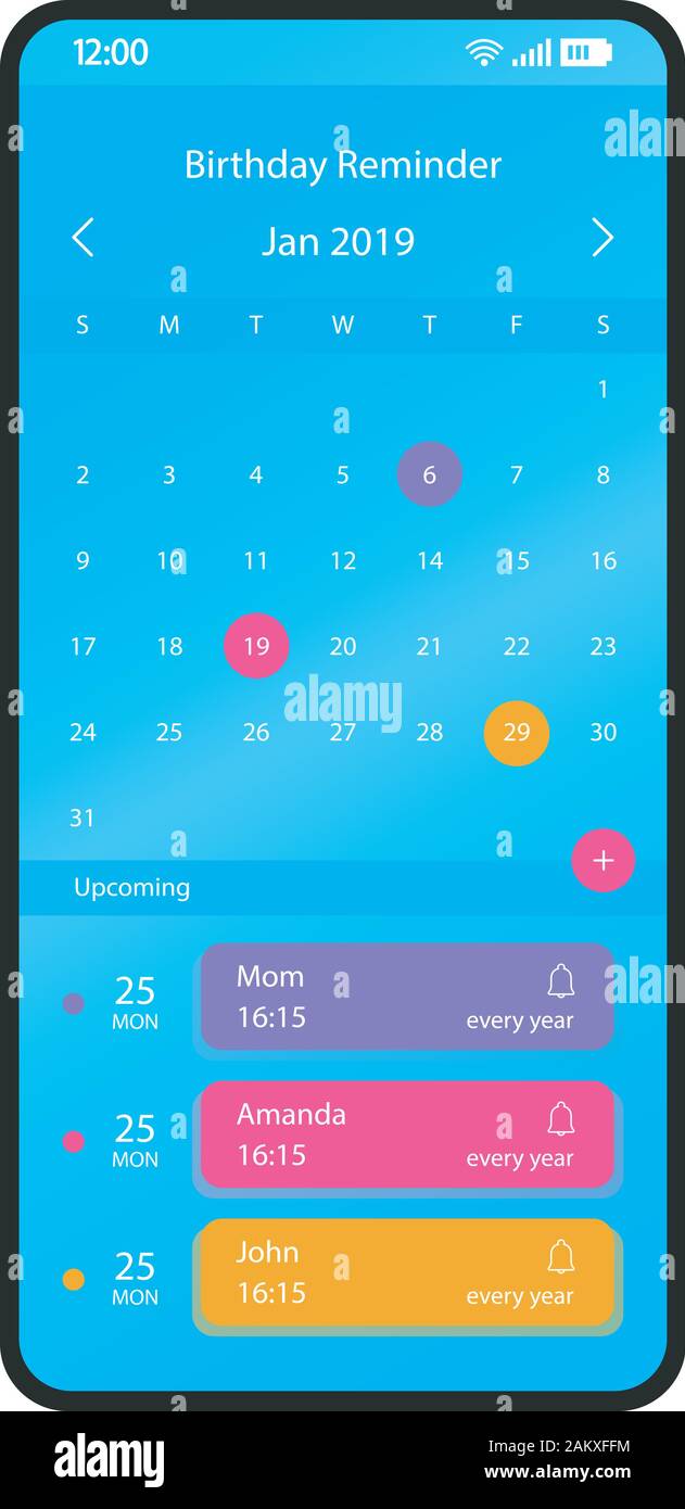 Birthday reminder smartphone interface vector template. Mobile app page blue design layout. Birthday calendar, organizer screen. Flat UI for applicati Stock Vector