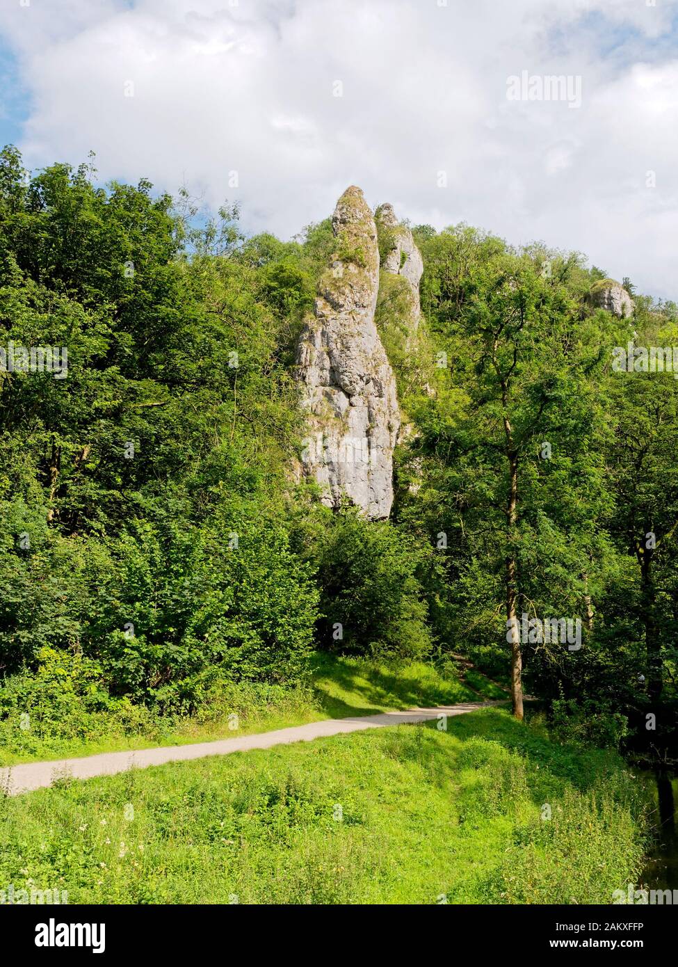 Thew spectacular limestone pinnacles of Pickering Tor in Dovedale, a limestone gorge in the Peak District national Park. Stock Photo