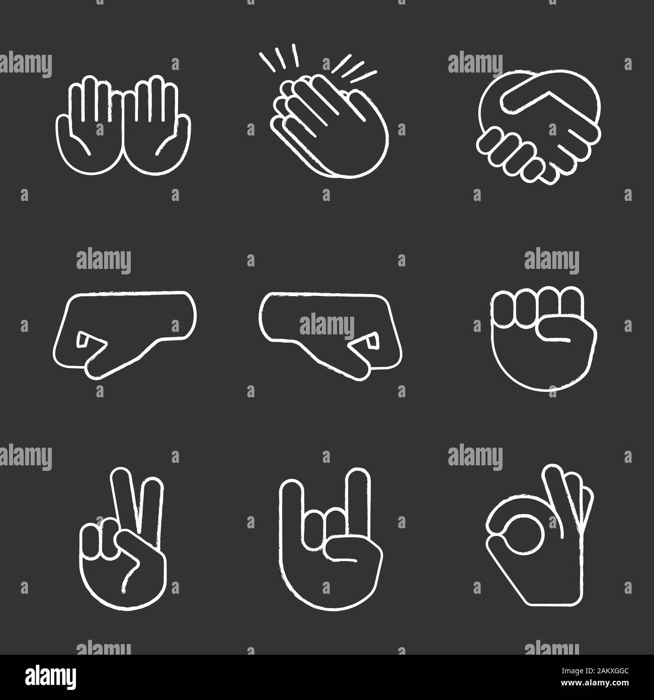 Hand gesture emojis icons collection. Handshake, biceps, applause, thumb,  peace, rock on, ok, folder hands gesturing. Set of different emoticon hands  isolated vector illustration., Stock vector