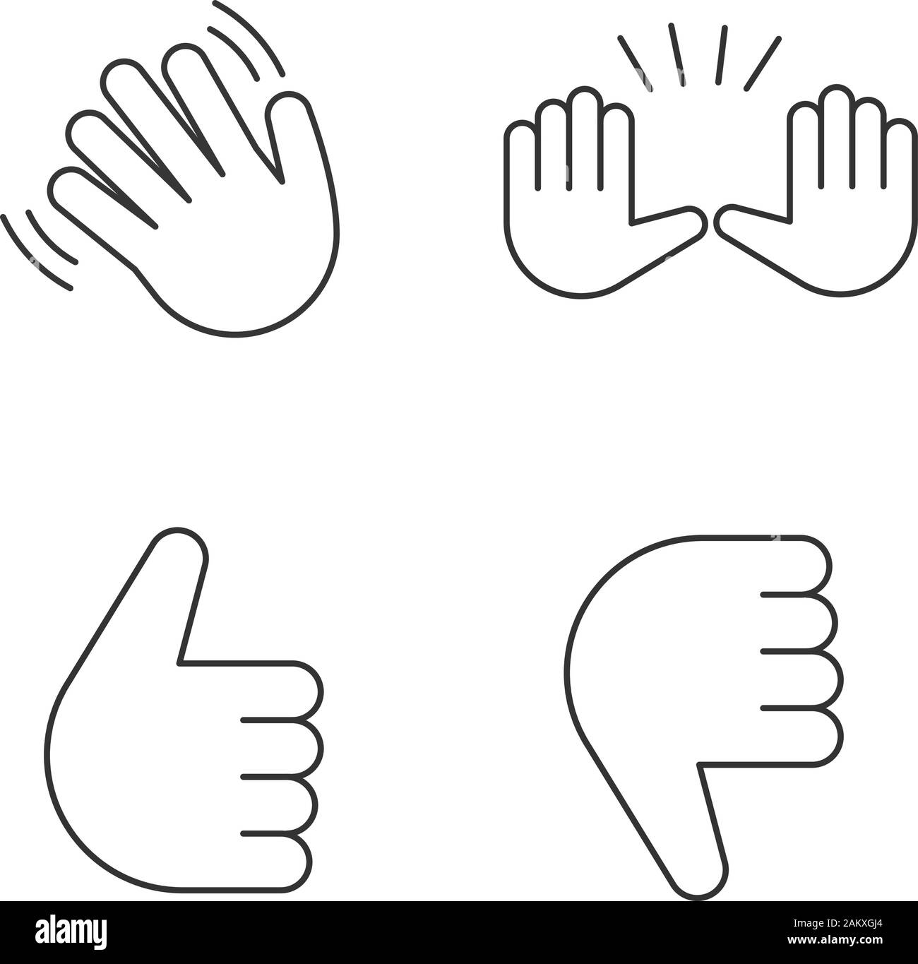 Hand gesture emojis linear icons set. Thin line contour symbols. Hello, goodbye, stop, good job, disapproval gesturing. Thumbs up and down. Isolated v Stock Vector