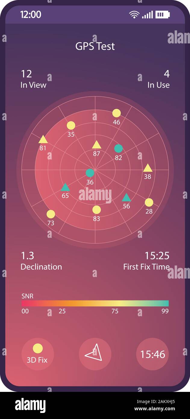 GPS test smartphone interface vector template. Mobile app page purple