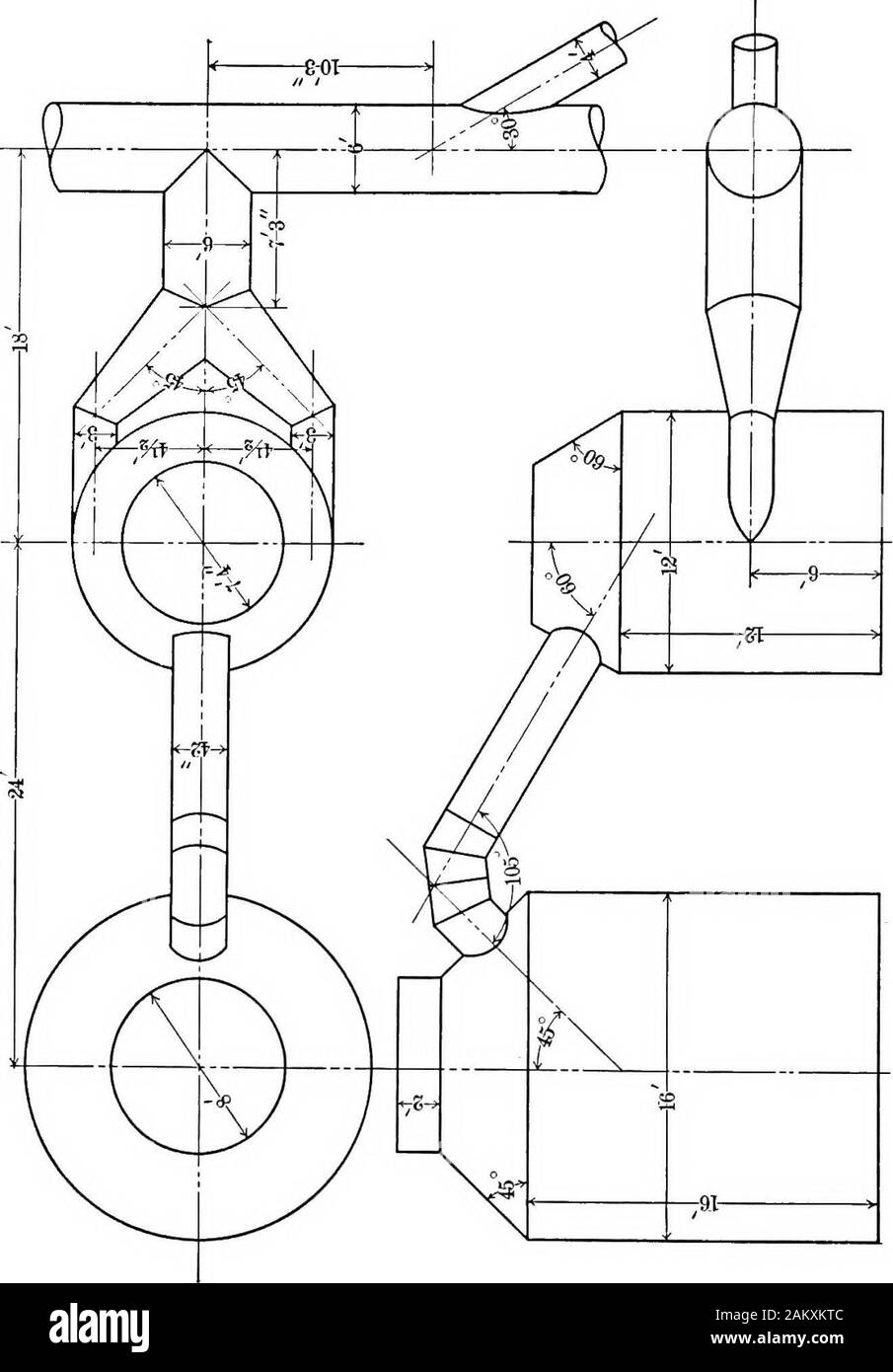 The essentials of descriptive geometry . Problem 287. Square Hood with Y-Connection, Elbow, andTransition Piece A B C D E P G 888 H K L 8 8 1^ M 8 8 8^ N 0 888 8 X Y 454560 z 60 4545 a 32 666 12 26 18 16 18 12 18 45 b 32 12 26 18 16 20 10 18 68 60 c 32 12 26 18 16 20 10 18 75 196 ESSENTIALS OF DESCRIPTIVE GEOMETRY. !Z o § CHAPTER XIX APPENDIX The following geometrical constructions will be found usefulin drawing many of the problems in this text. While it is under-stood that many of them are well known problems in planegeometry it has been thought well to include them here for theconvenience Stock Photo