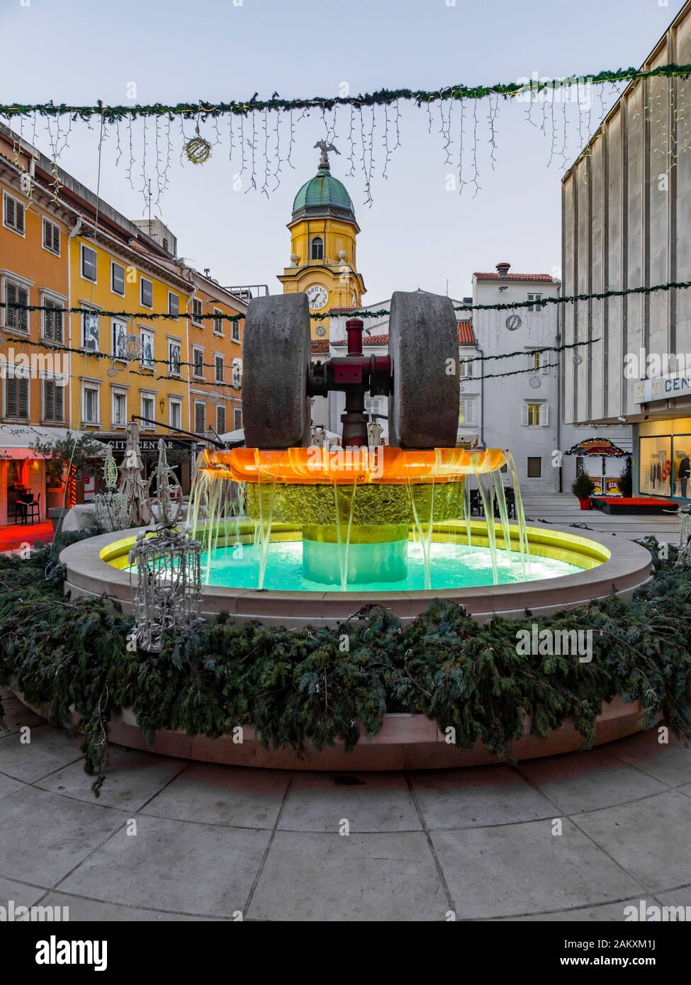 Kobler square water-fountain morning scenery in Rijeka in Croatia Stock Photo