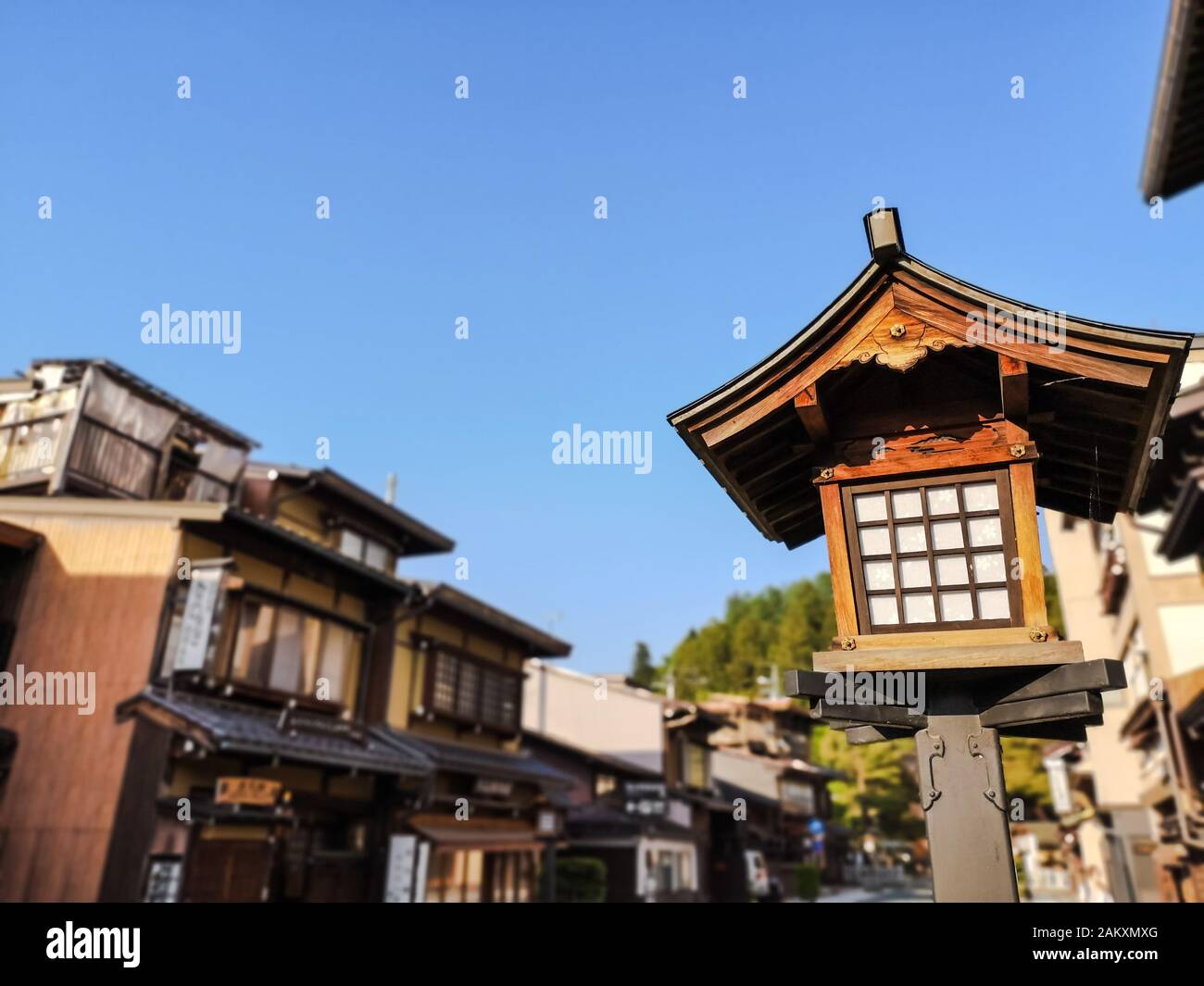 Wooden lantern in the old town of the Japanese mountain village Takayama in Gifu prefecture Stock Photo