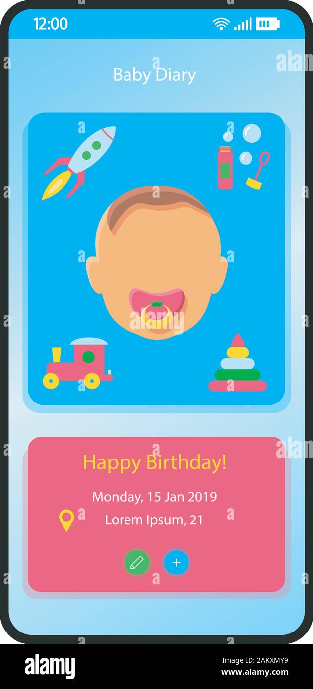 Baby diary smartphone interface vector template. Mobile app page blue