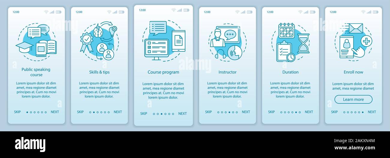 Public speaking skill course onboarding mobile app page screen vector template. Professional speakers school. Walkthrough website steps with linear ic Stock Vector