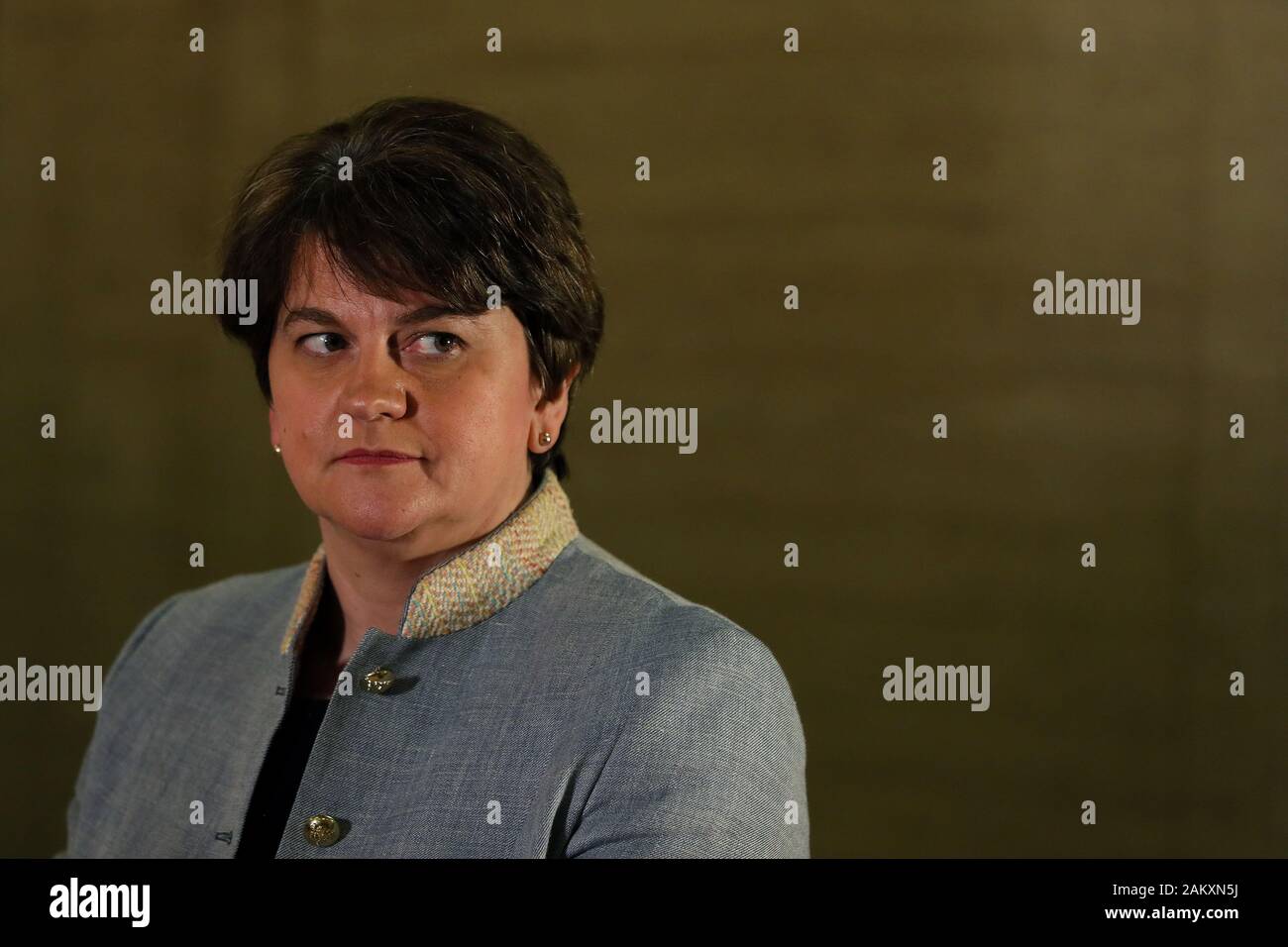 DUP leader Arlene Foster speaks to the media in the Great Hall of Parliament Buildings, Stormont, as talks to resurrect the devolved government in Northern Ireland have been taking place. Stock Photo