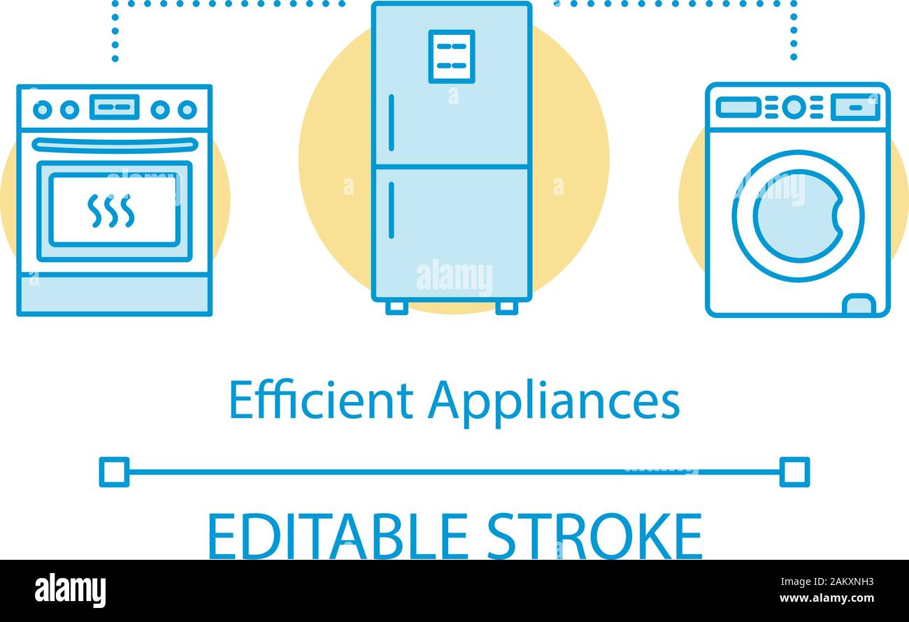 Efficient appliances concept icon. Household devices. Electronic store. Stove with oven, refrigerator, washer. Home device idea thin line illustration Stock Vector