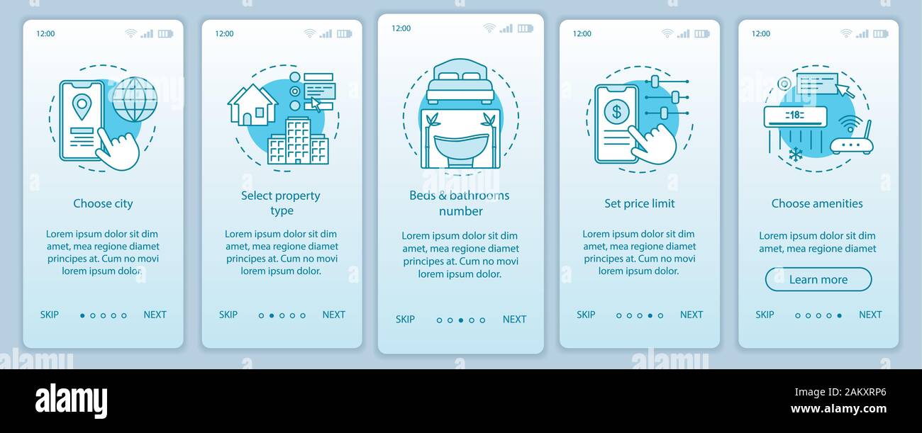 Property rental onboarding mobile app page screen with linear concepts ...