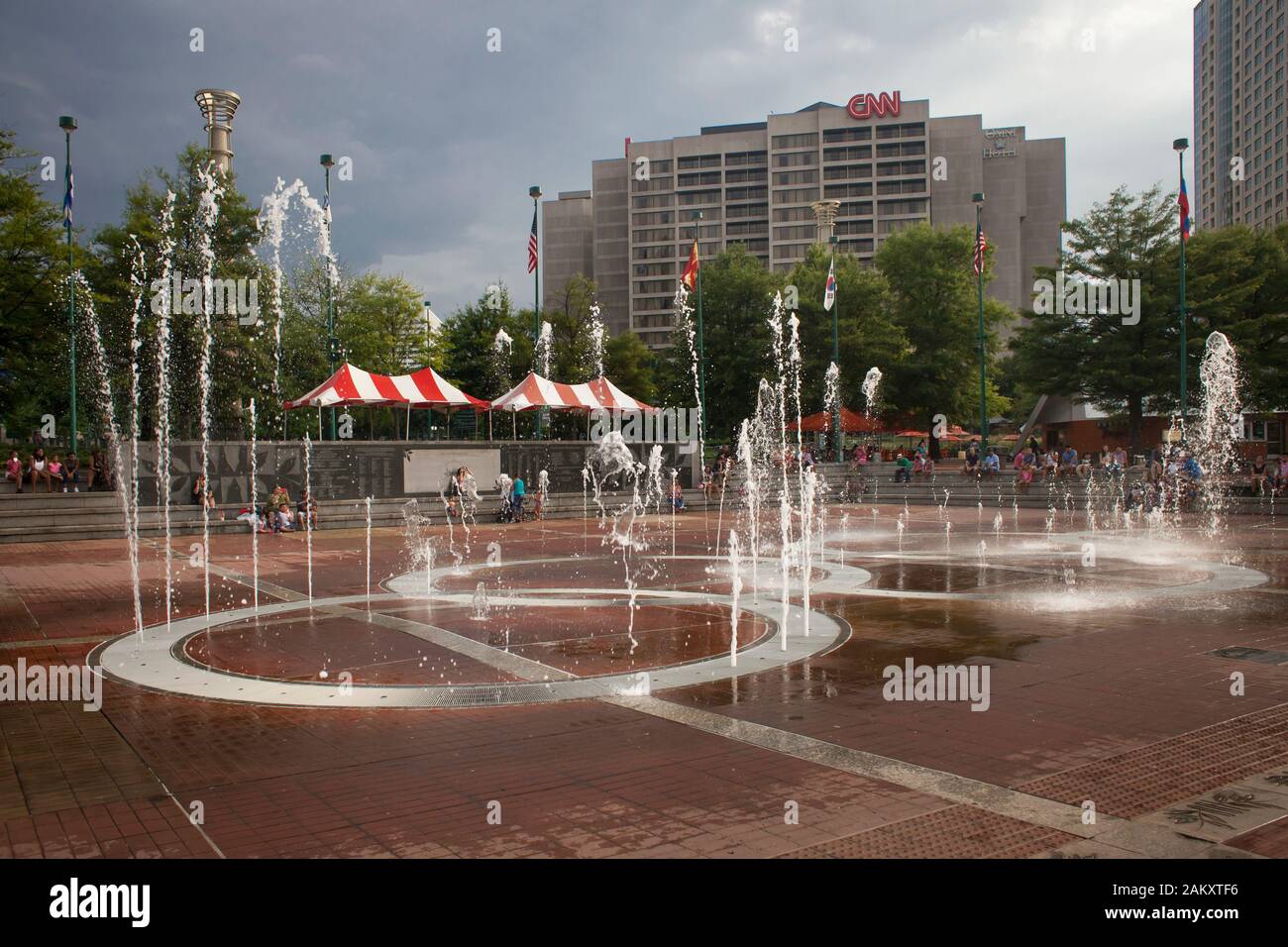 Water and sound show at the Centennial Olympic Park fountain with the CNN building at the back, Downtown Atlanta, Georgia, USA Stock Photo