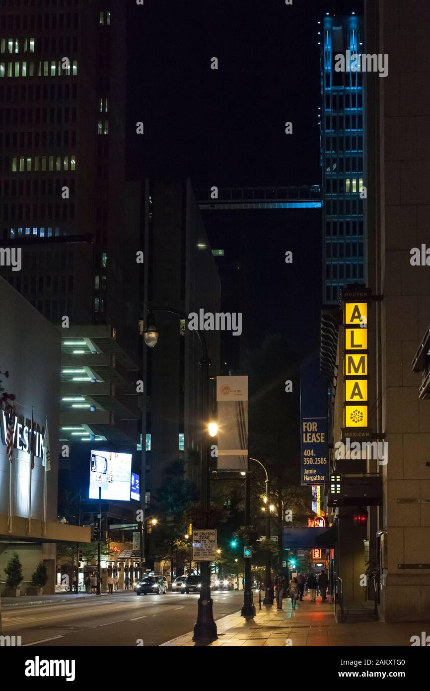 Night view of Peachtree St NE in downtown Atlanta, Georgia, USA Stock Photo