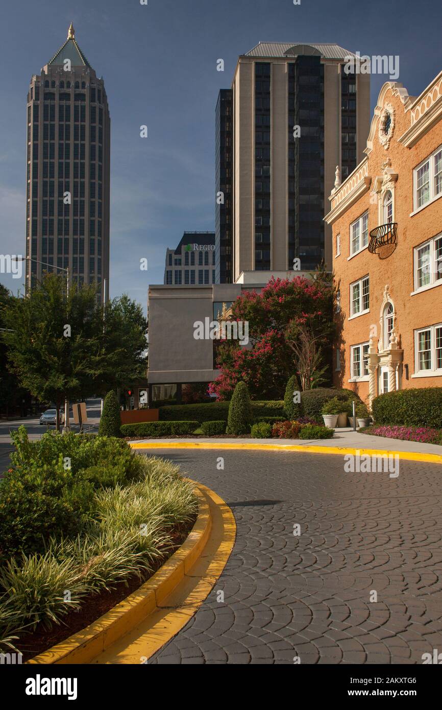 Vertical shot of the entrance to the Artmore Hotel in Peachtree St NW with the One Atlantic Center skyscraper at the back, Atlanta, Georgia, USA Stock Photo