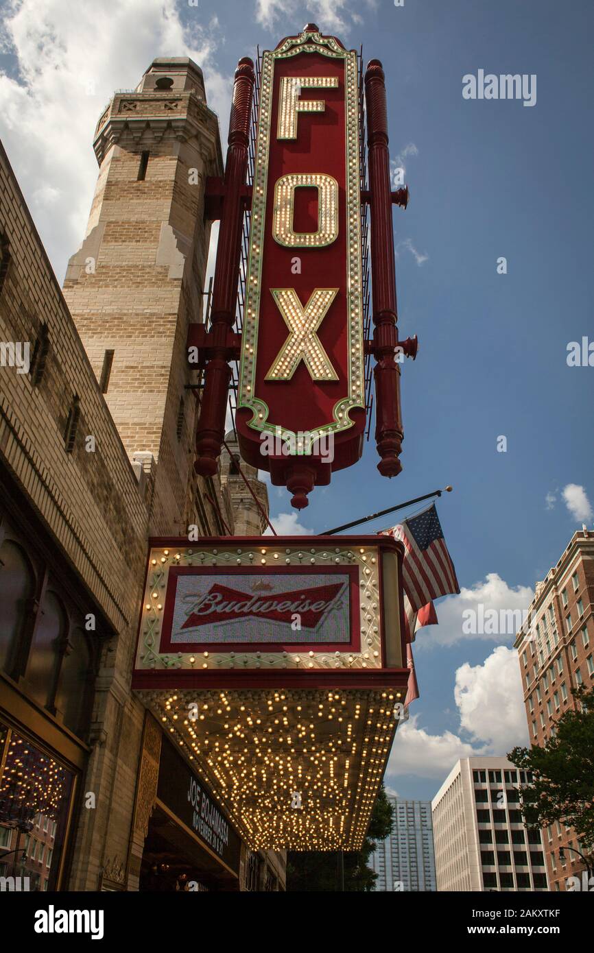 Low-angle vertical shot of the illuminated sign of the Fox Theatre at 660 Peachtree Street NE in Midtown Atlanta, Georgia, USA Stock Photo