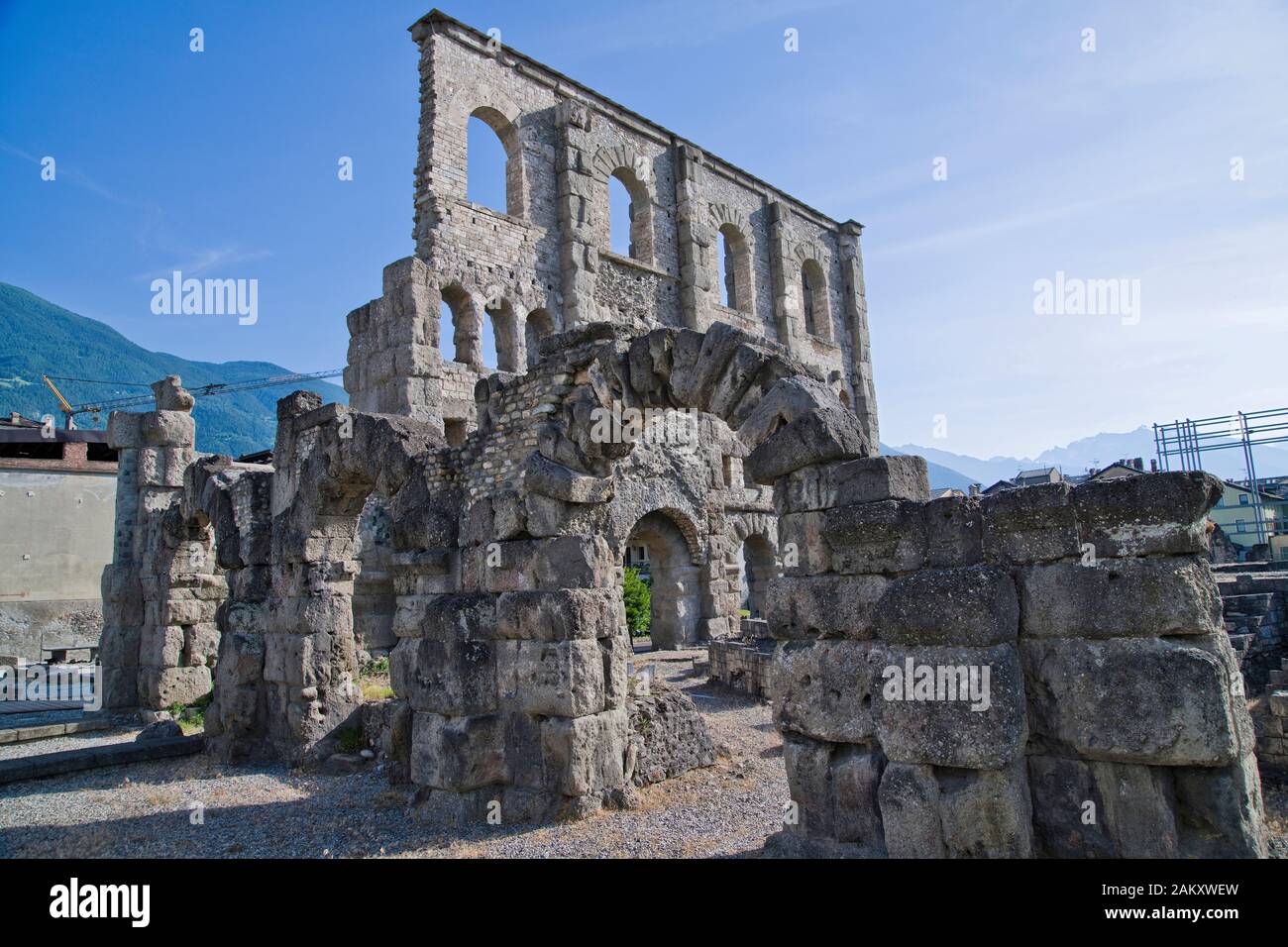 roman theatre, roman theater, ruin, archeological museum, ancient remains, ancient building, roman culture, Aosta, Aosta valley, Valle d'Aosta, Vallee Stock Photo