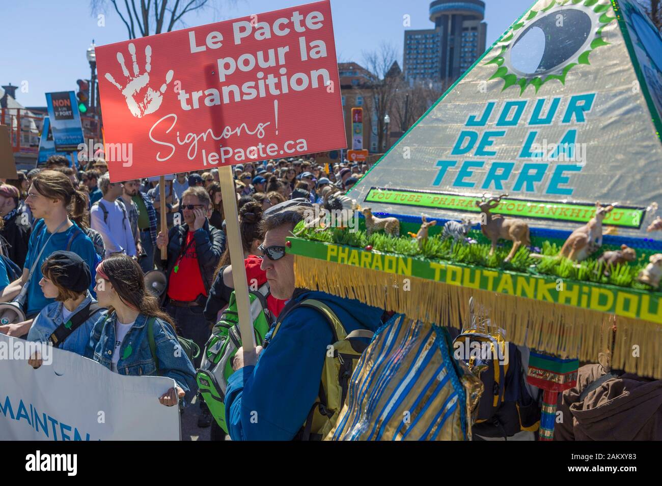 Protesters take part into the Jour de la terre (earth day) in Quebec City Monday April 22, 2019. Stock Photo