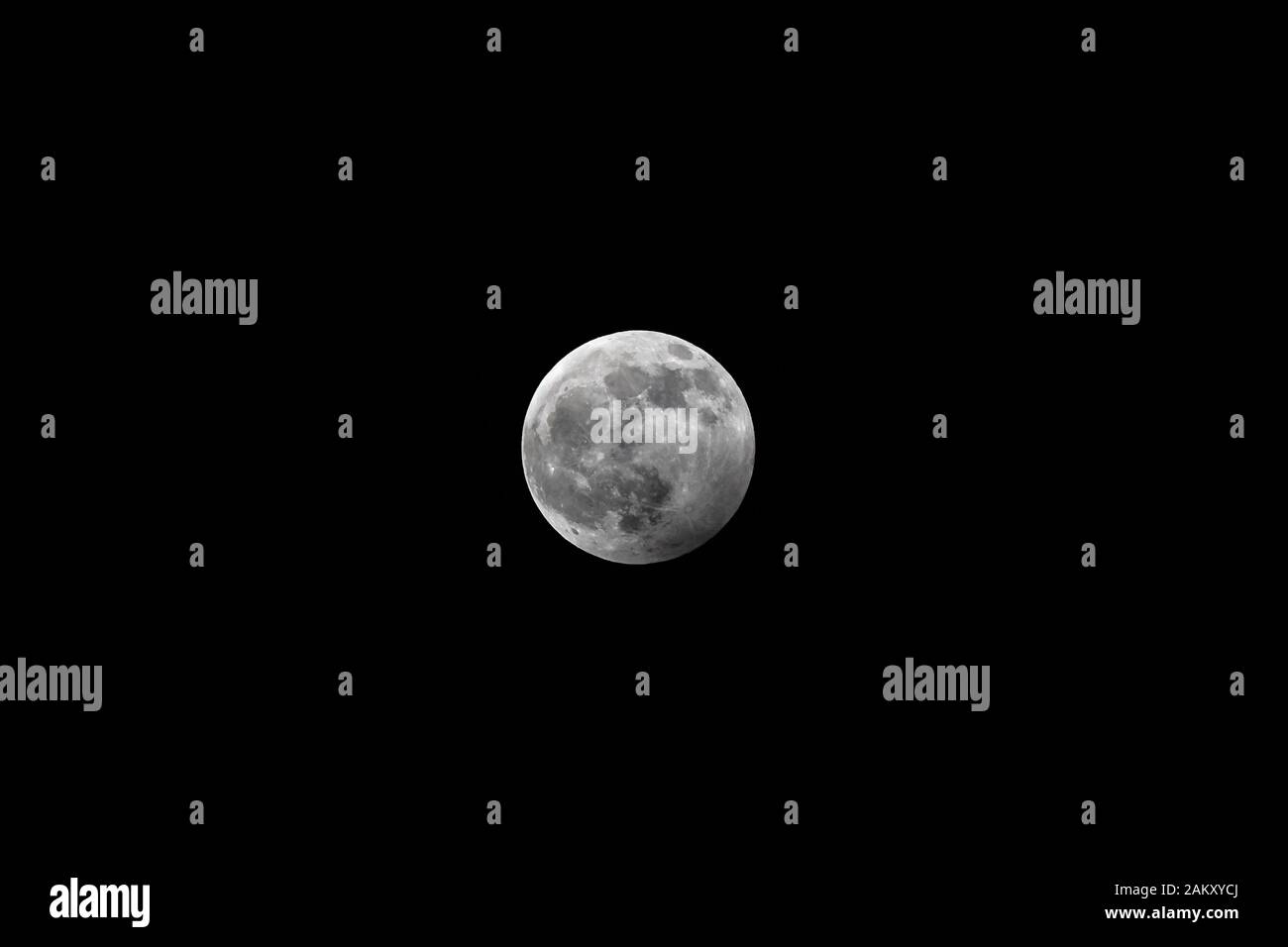 2020, First full moon of january, Full moon, Ice Moon, lunar, moon, Northern hemisphere, Old Moon, Snow Moon, wolf Moon Stock Photo