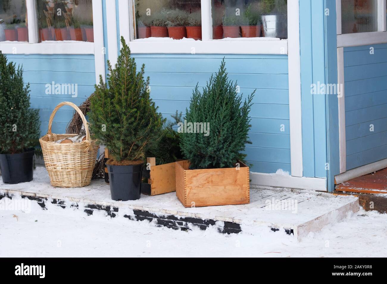 Christmas shop. Market. New Year. Rural xmas fairytale decoration. Snow. Stock Photo