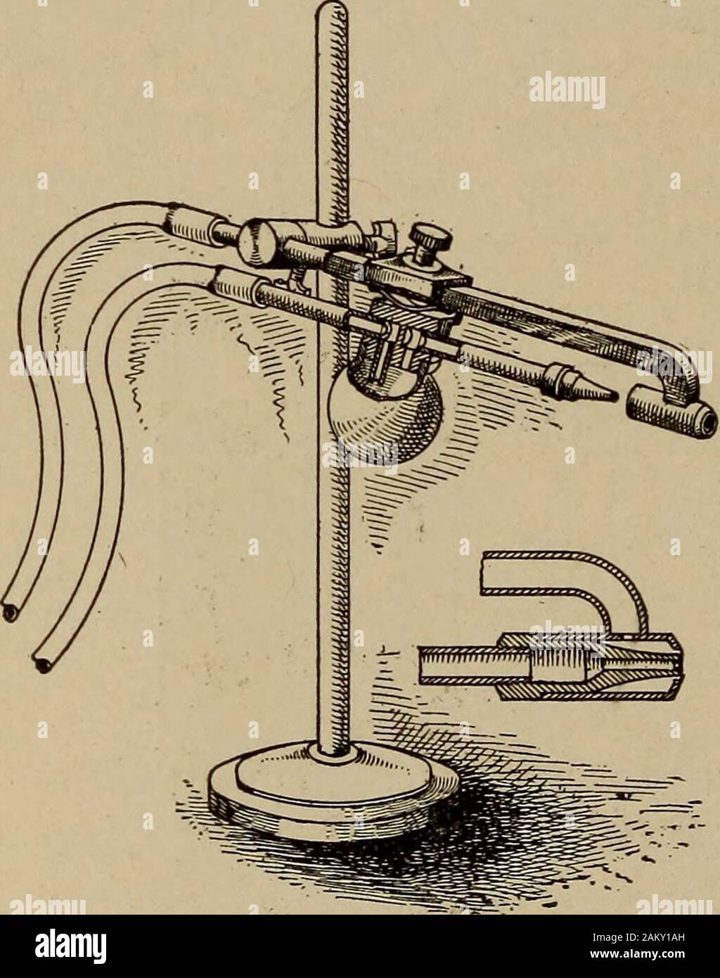Handy man's workshop and laboratory . This blow-pipe is in fact amodification of the annularcompound blow-pipe. A pipewhich is attached by meansof a pivoted connection to astandard is turned in a right-angled elbow at its outer ex-tremity, and is fixed to a short=7. sleeve, which is somewhatcontracted at its outer end.The slide is provided with aspring-gib, to insure a certainamount of friction on the pipe, and a set-screw to fix it at anypoint. This slide supports the air-tube and the ball. The sleeveand air-pipe are axially in line, so that when the nozzle is movedinto the sleeve their apert Stock Photo