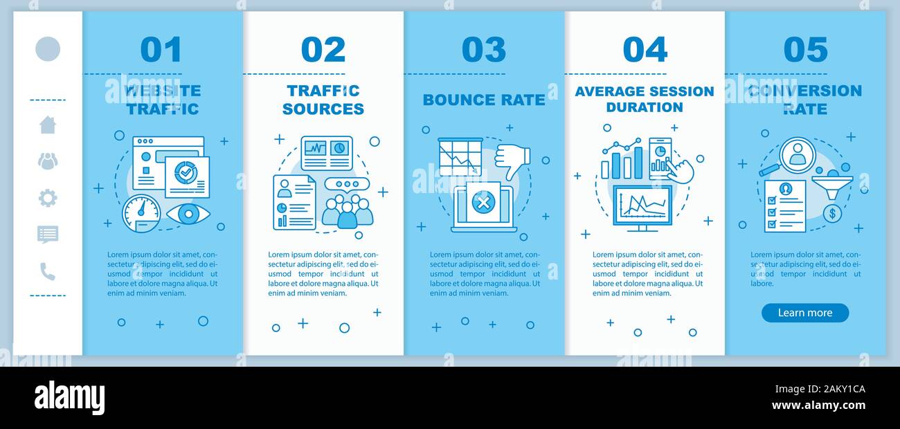 Website traffic onboarding mobile web pages vector template. Sales conversion rate analytics. SMM metrics. Responsive smartphone website interface ide Stock Vector
