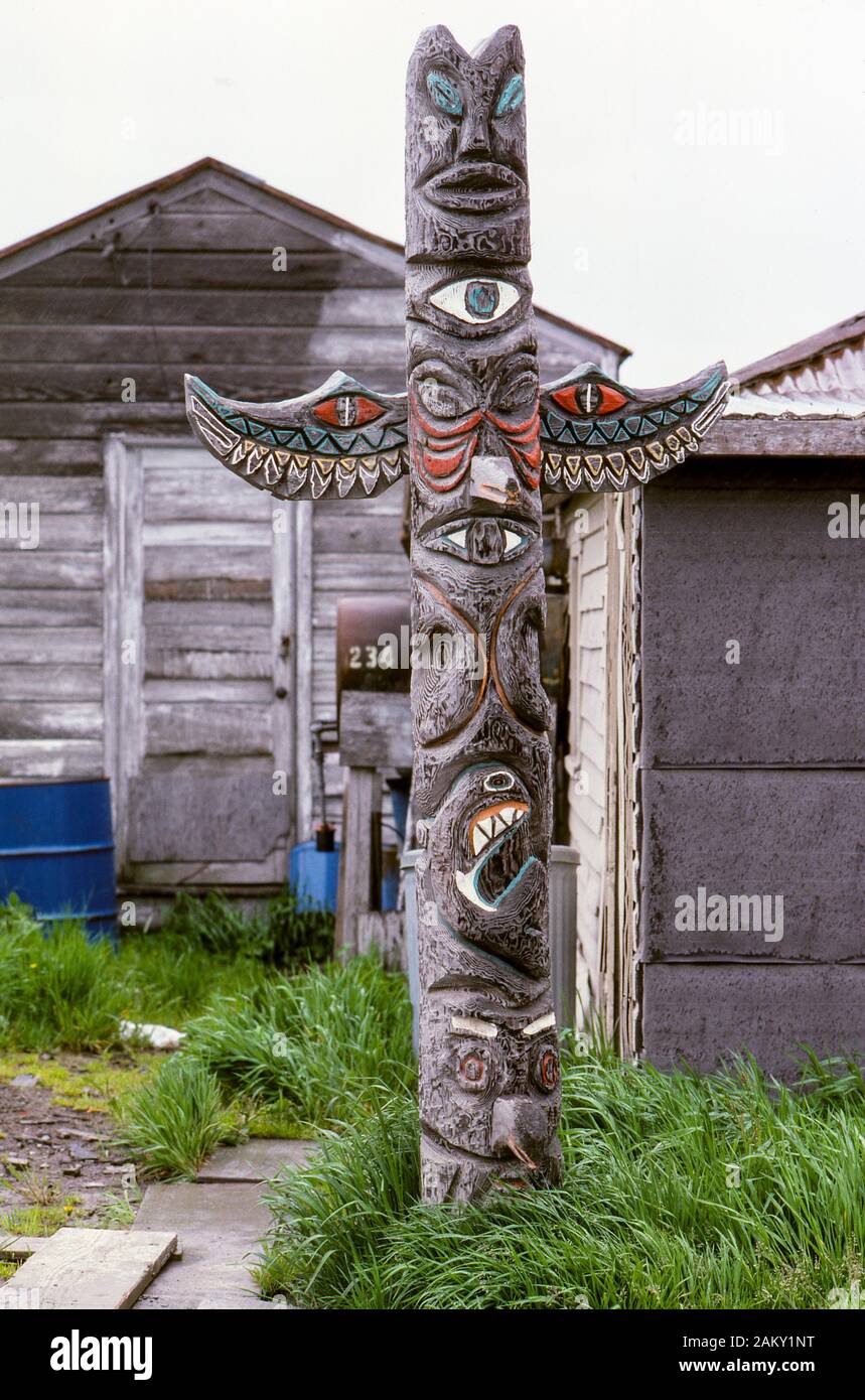 Aleut totem pole, Dutch Harbor, Aleutian Islands Alaska. Stock Photo