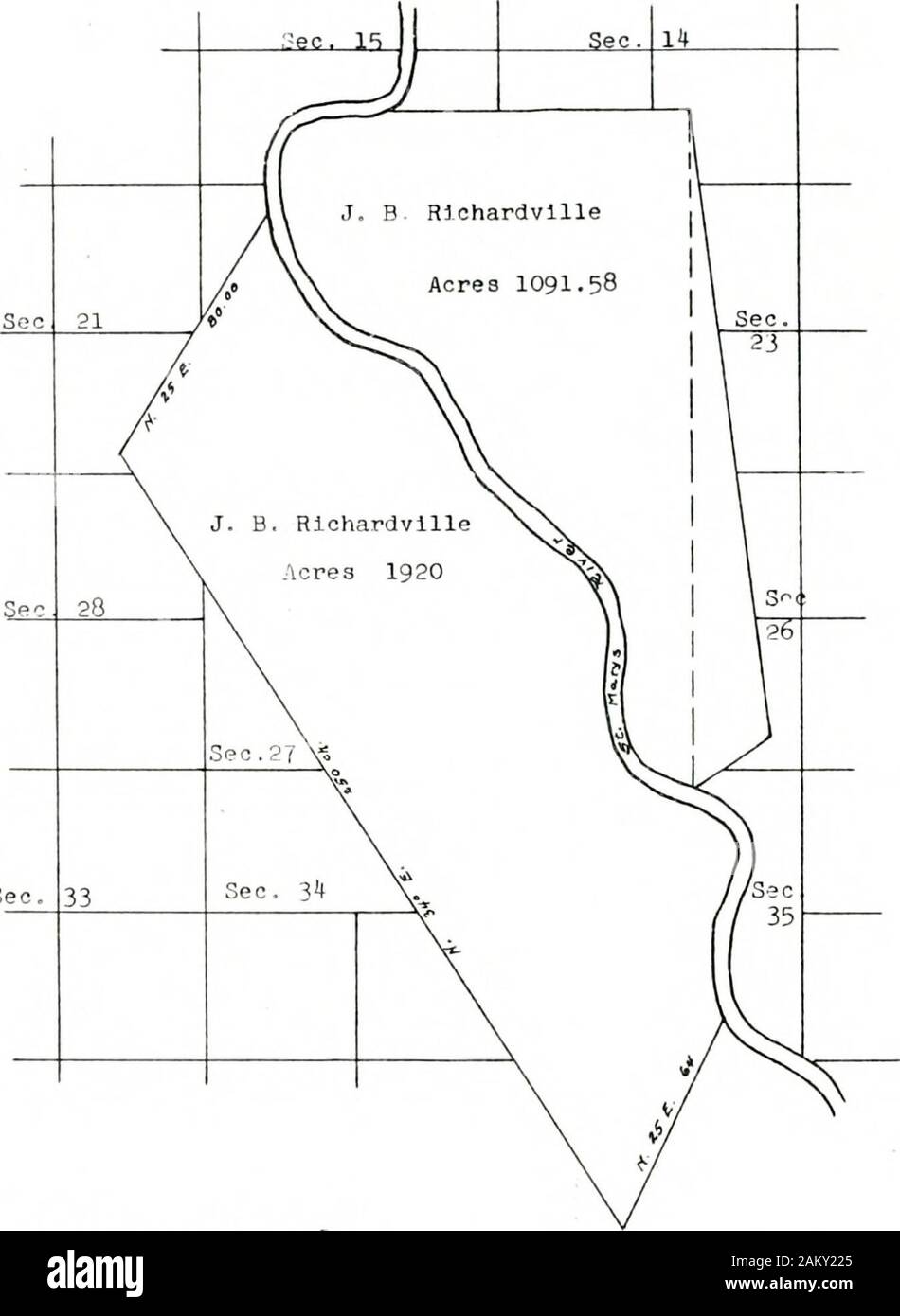 Abstract of title of part of the Richardville Reserve in Allen County, Indiana . ed States, and the Miami Nation of Indians: Article III. The United States agrees to grant by patent Infee simple to Jean Bapt. Rlchardvllle, Principal Chief of theMiami Nation of Indians, the following tracts of land: - - AmonKother tracts not In Abstract - - three sections of land, begin-ning about twenty-five rods below his house on the River St.Marys near Fort Wayne; thence at right angles with the riverone mile, and from this line and the said river up the streamthereof for quantity - - Article VI. The severa Stock Photo