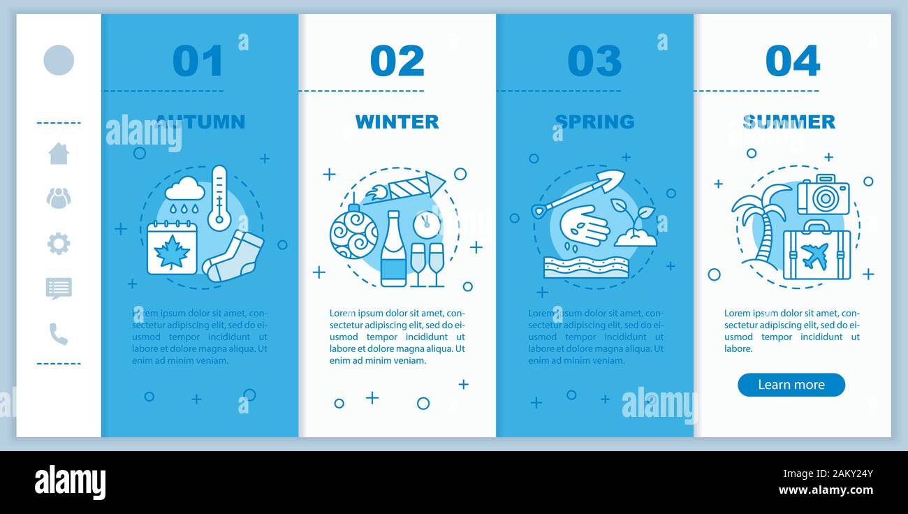 Four seasons onboarding mobile web pages vector template. Responsive smartphone website interface idea with linear illustrations. Spring, summer webpa Stock Vector