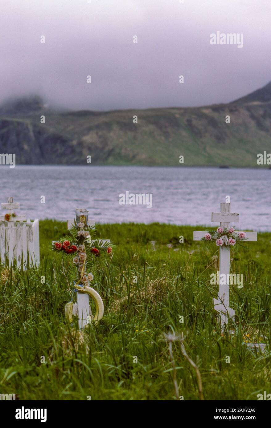 Russian Orthodox cemetery, Dutch Harbor, Aleutian Islands Alaska. Stock Photo