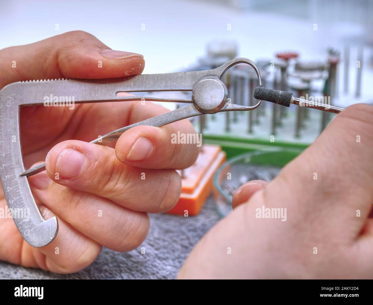 Dental tools on the table in dental laboratory. Orthodontic, dental technician working on false