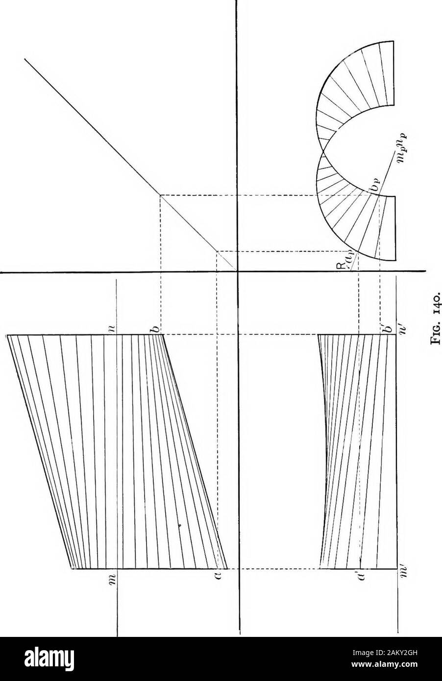 The essentials of descriptive geometry . Fig. 139. 174 ESSENTIALS OF DESCRIPTIVE GEOMETRY. WARPED SURFACES I7S 141. Proposition 44. To develop a warped surface.Discussion. While warped surfaces may not be truly devel-oped, patterns for some warped surfaces may be laid out which, a  im »)&gt;^ &gt;^ ?   0 ll ^ J/ p Fig. 141. when formed, approximate the original surface closely enoughfor commercial purposes. An example of this is shown in thedevelopment of the warped cone in Fig. 142. 176 ESSENTIALS OF DESCRIPTIVE GEOMETRY Stock Photo