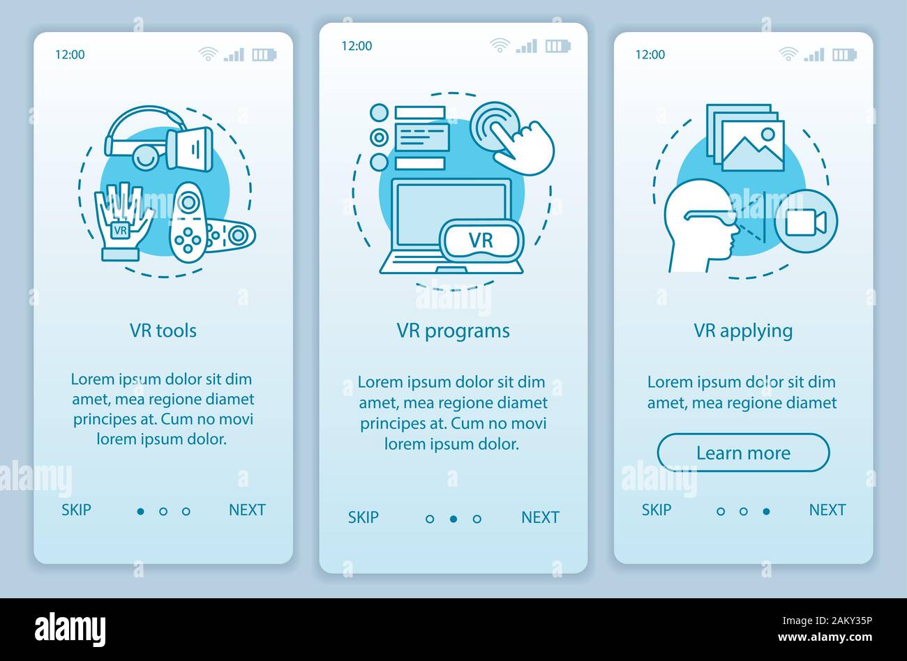 Virtual reality software onboarding mobile app page screen with linear concepts. VR tools, soft, app, devices walkthrough steps graphic instructions. Stock Vector