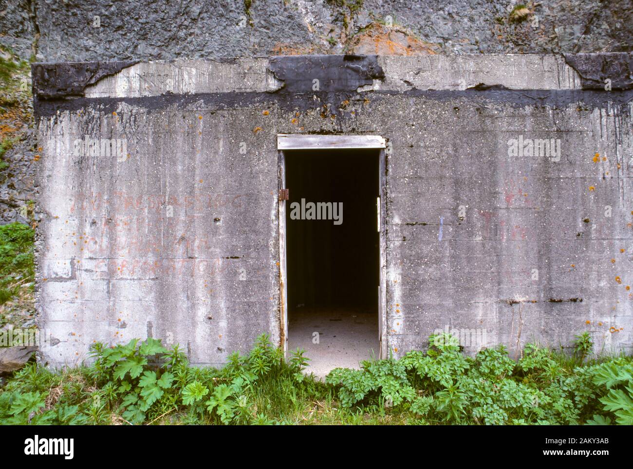 Bunkers & gun emplacements left from WWII, to fend off Japanese invasion of Dutch Harbor, Aleutian Islands Alaska. Stock Photo