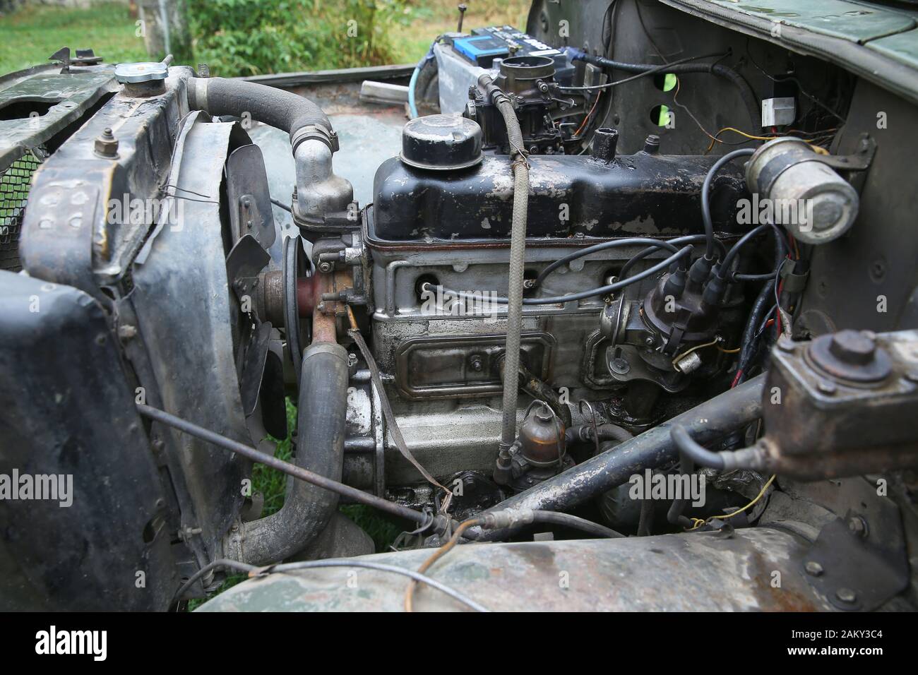 UAZ Patriot, close-up of the engine, front view. Internal combustion engine, car parts, deteyling . Engine compartment. Model UAZ from the Soviet Stock Photo