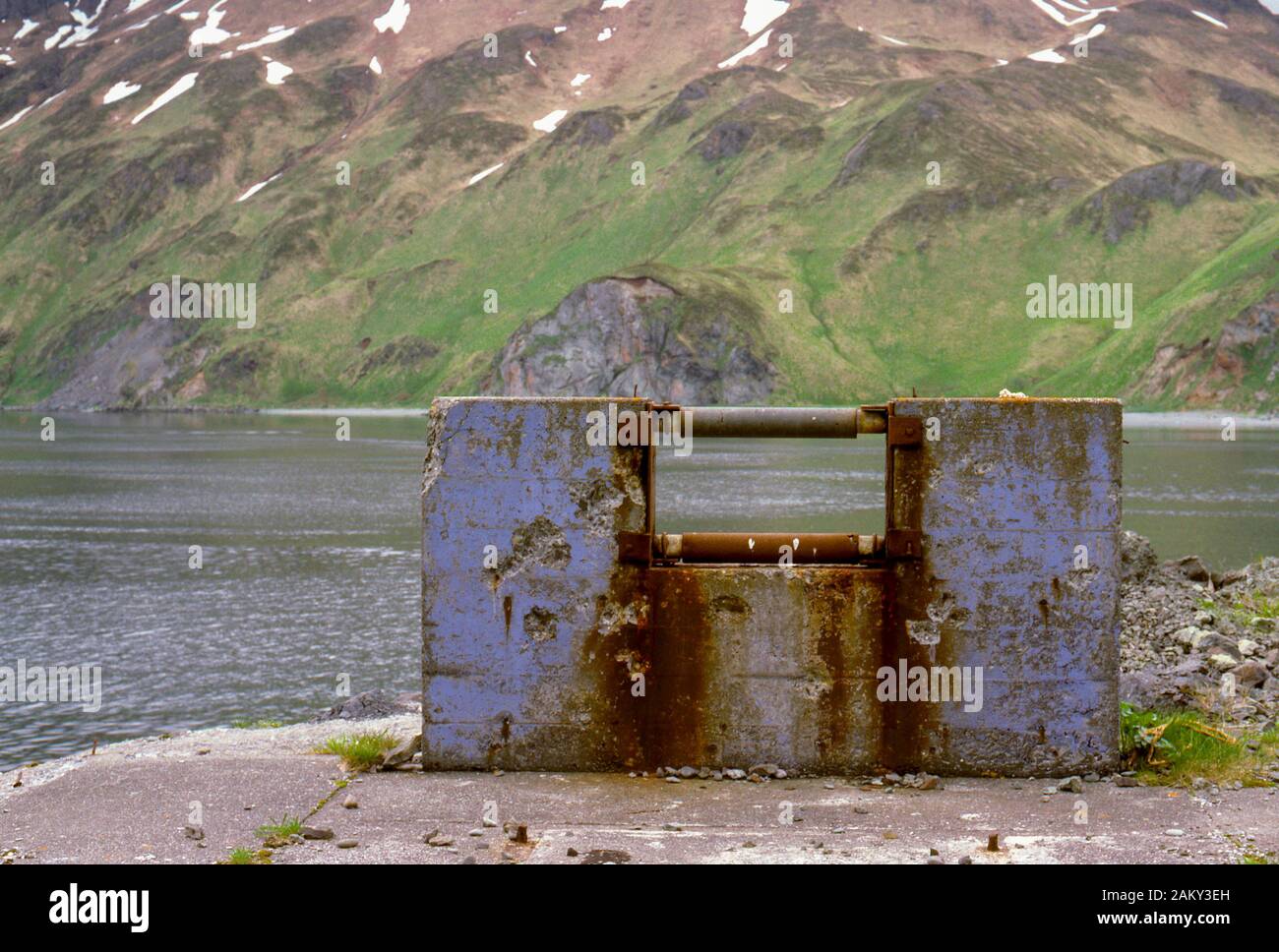 Bunkers & gun emplacements left from WWII, to fend off Japanese invasion of Dutch Harbor, Aleutian Islands Alaska. Stock Photo