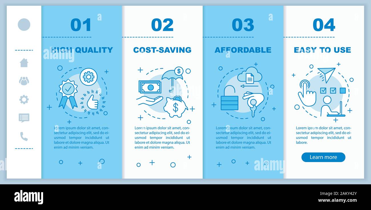 Smart house, domotics advantages onboarding mobile web pages vector template. Responsive smartphone website interface idea with linear illustrations. Stock Vector