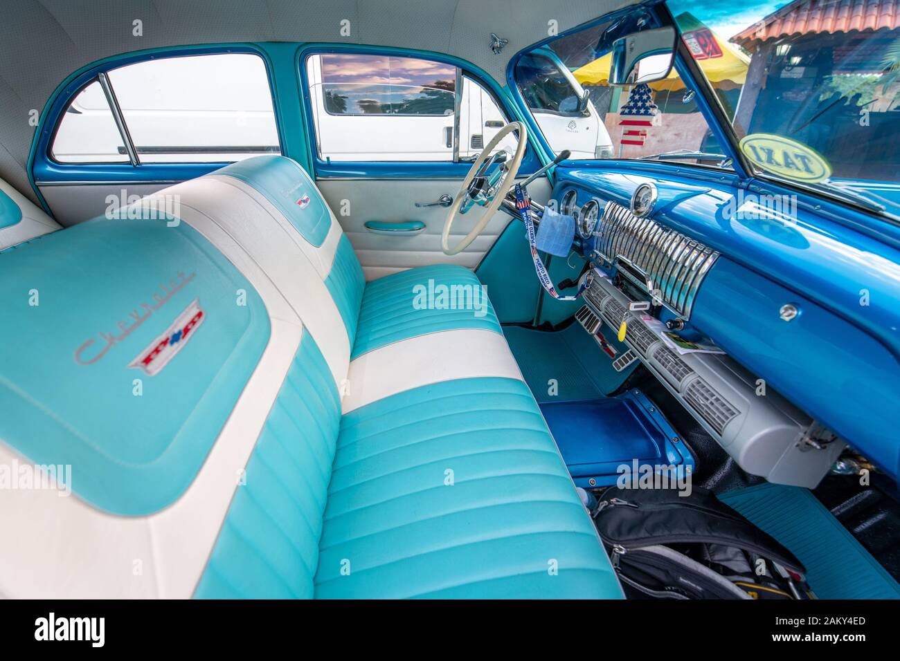 Beautifully finished interior of a classic American muscle car from the 1950s , Havana, Cuba Stock Photo