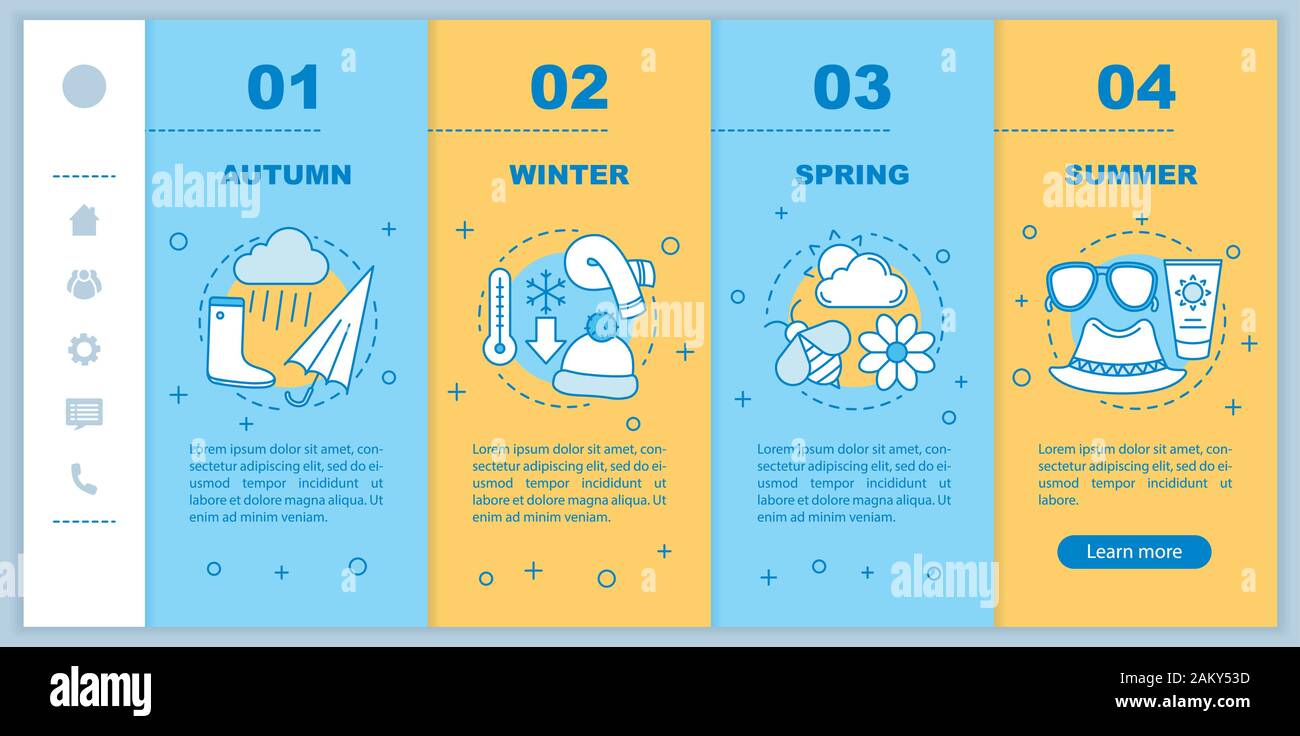 Four seasons onboarding mobile web pages vector template. Responsive smartphone website interface idea with linear illustrations. Spring, autumn webpa Stock Vector