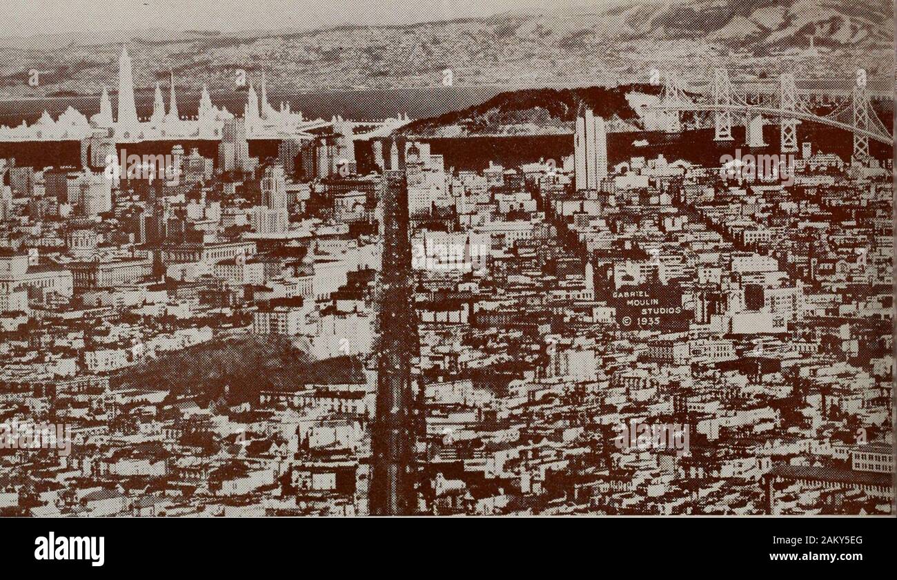 Architect and engineer . yJhcnUect & ENGINEER. Copyright photo by Gabriel MoulirBirds eye view of San Francisco and Artists Conception of the 1938 Exposition on Yerba Buena Shoals Stock Photo