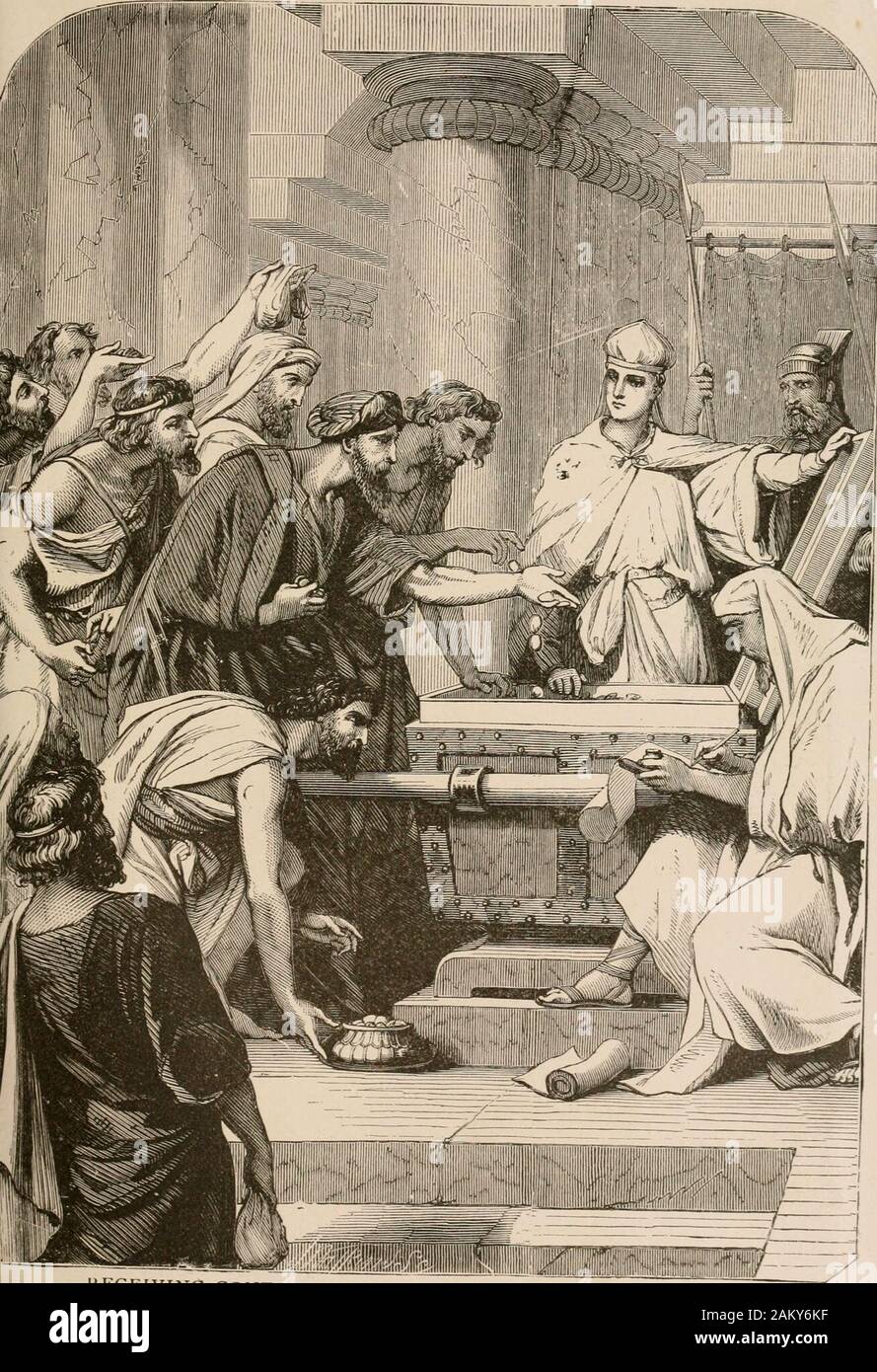 Antiquities of the Orient unveiled, containing a concise description of the remarkable ruins of King Solomon's temple, and store cities ,together with those of all the most ancient and renowned cities of the East, including Babylon, Nineveh, Damascus, and Shushan . ,JI1;: i! I ?iff ill 11, 1 :iili ^, .  .; n liililil fes^ - J Vwri il?!fe- nlUI RECEIVING CONTRIBUTIONS EOR REBUILDING THE TEMPLE. , ^/&gt;^ 1ft a *&gt; :? ?6i recoveied by the Greeks. 637 it was taken byOmar, the second of the Kalifs, and thus passed un-der Mohammedan rule. The Mosque of Omar on theTemple site was built by this Moh Stock Photo